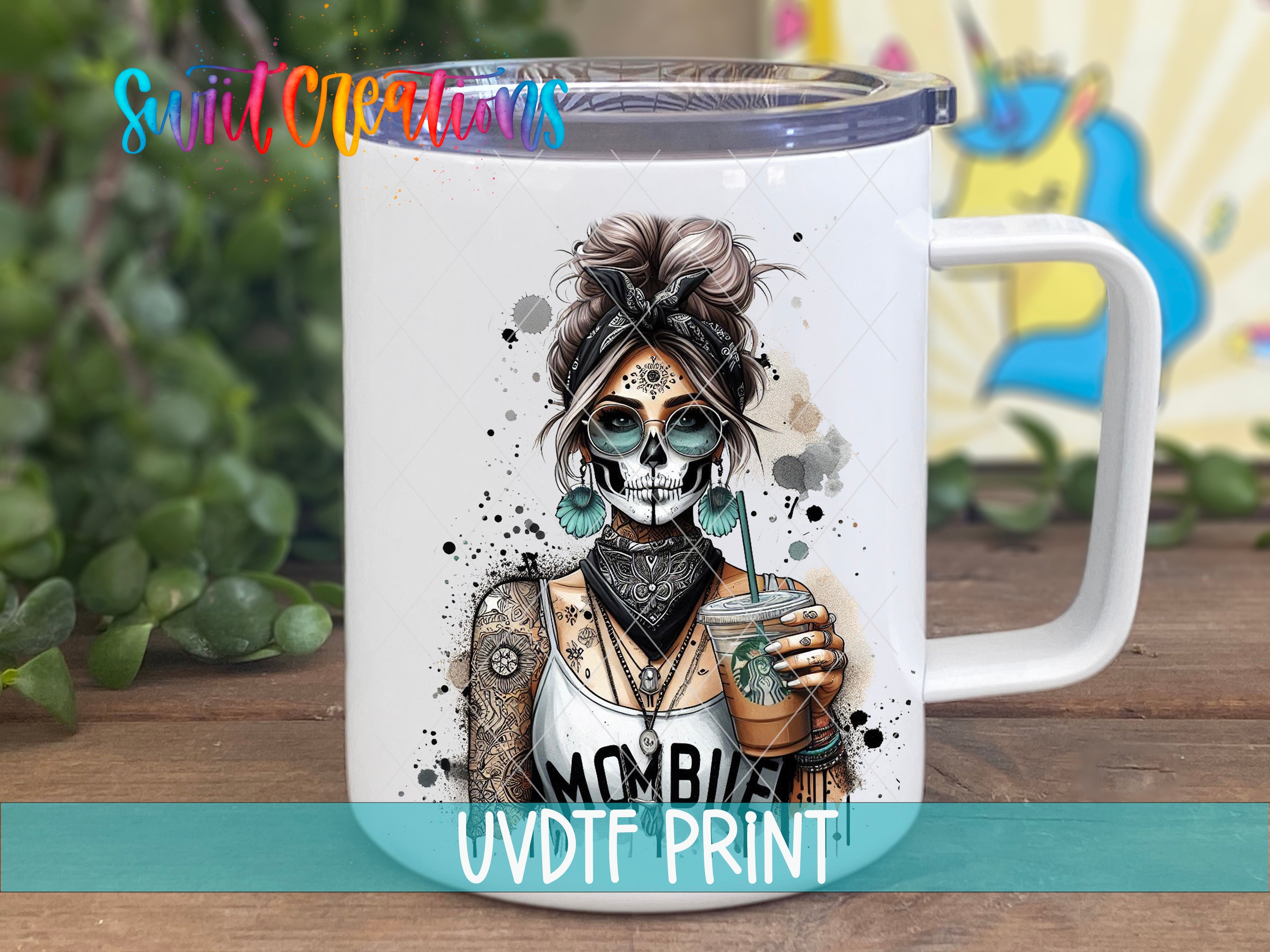 a white coffee mug with a picture of a skeleton holding a drink
