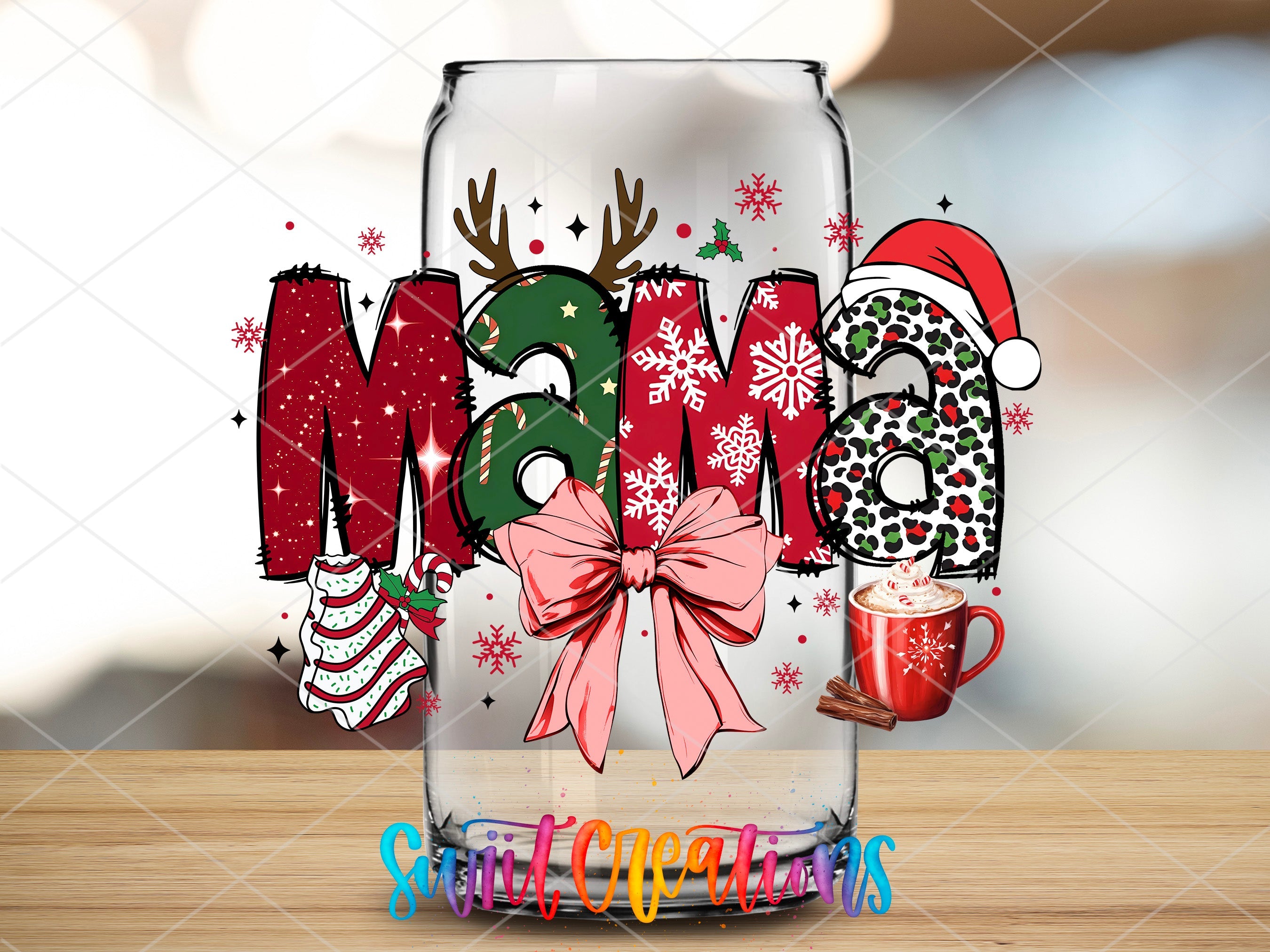 a glass with the word mom written in it