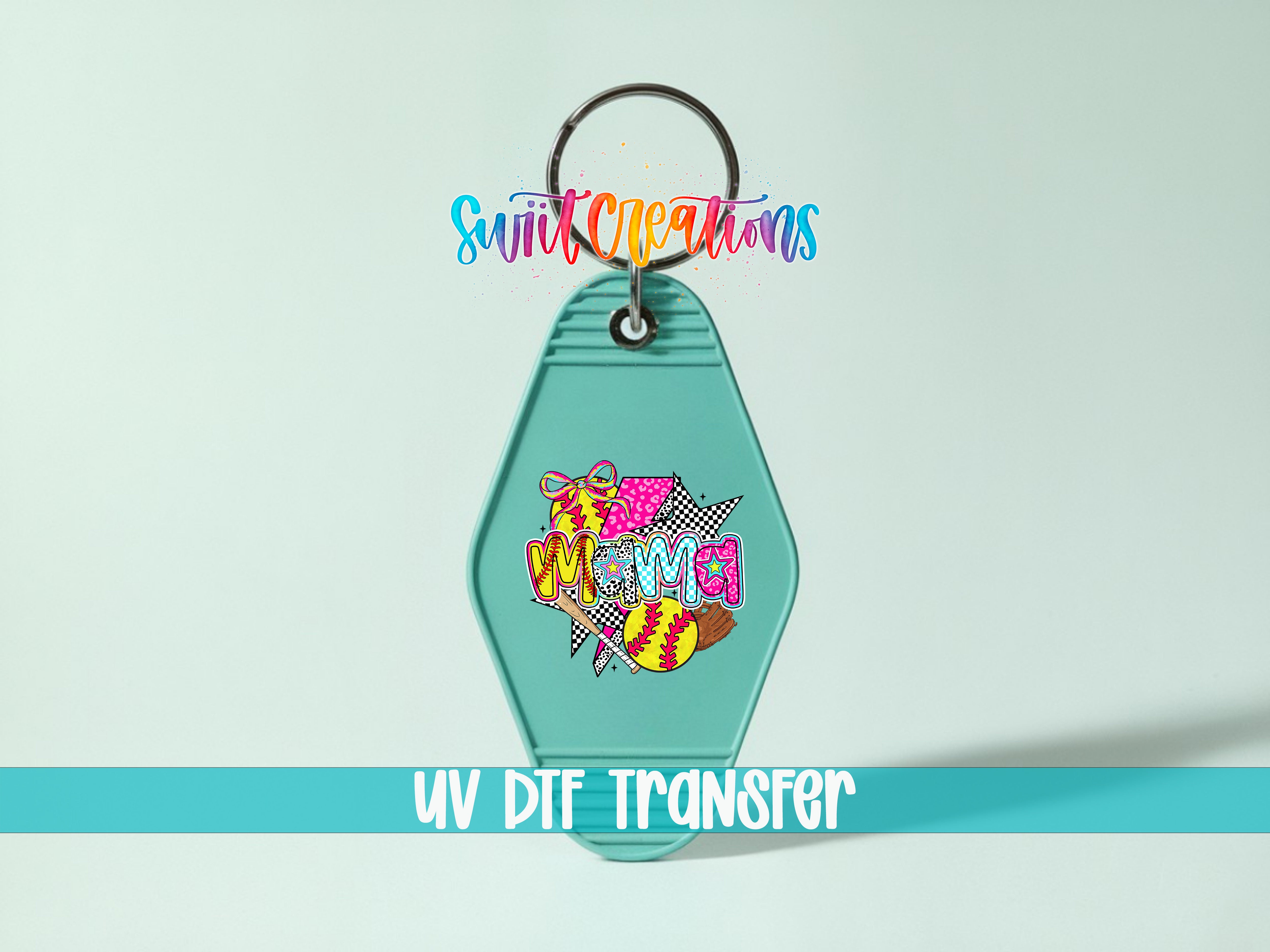 A keychain with a colorful, cartoonish design and the text "UV DIF TRANSFER" printed on it.