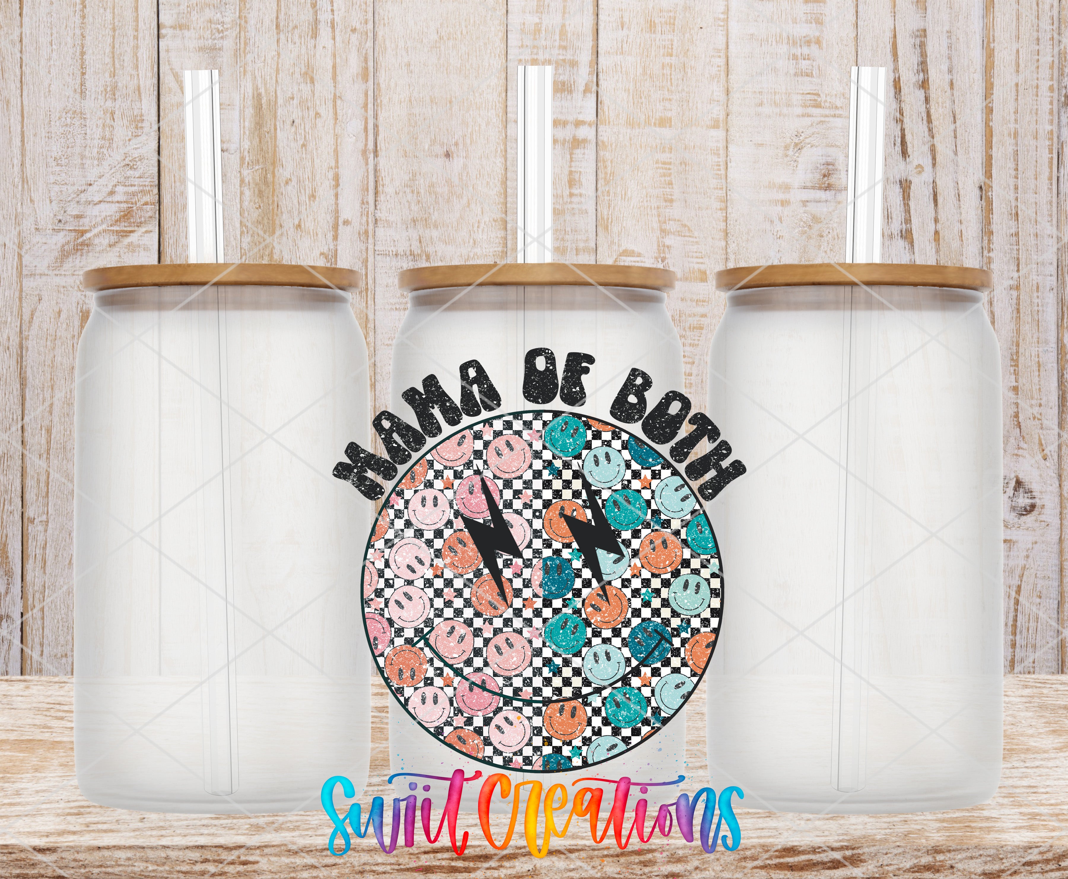three white glass jars with wooden lids, arranged in a row against a wooden background. The jars have straws attached to their lids. In the center of the image, there is a circular design with a checkered pattern and a variety of colorful smiley faces. The text "Mama of both" is written above the design, and the phrase "Sweet Creations" is written below the design.