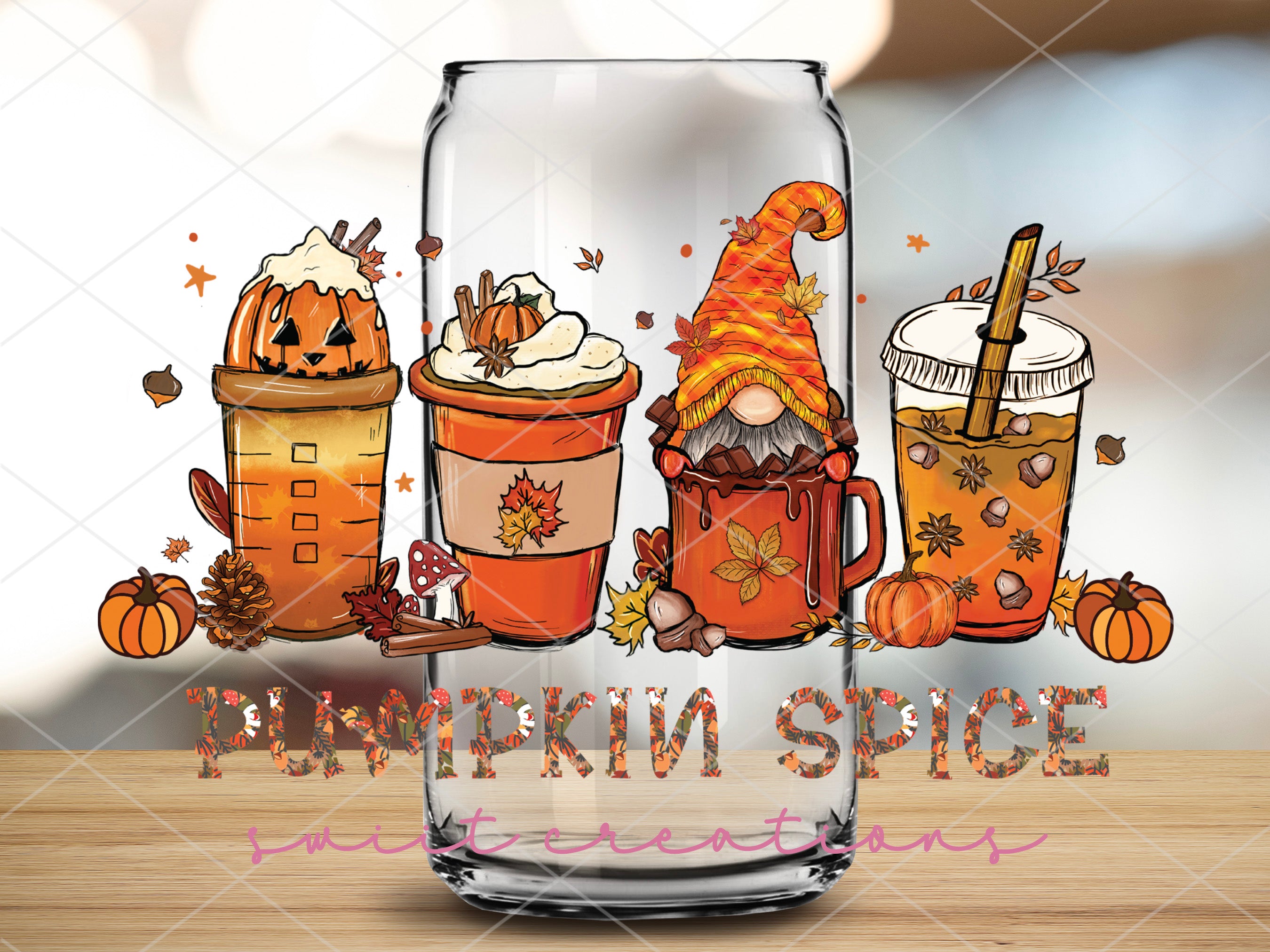 a glass with a picture of a gnome and pumpkins