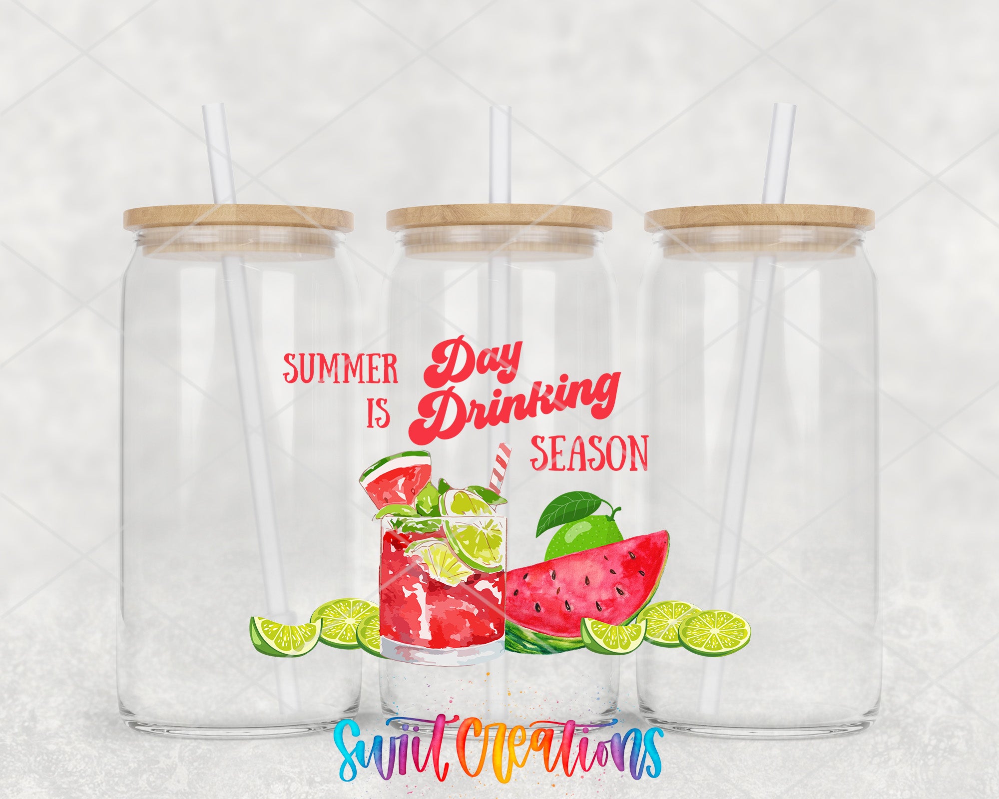 three clear glass jars with wooden lids, each containing a colorful drink with slices of watermelon, lime, and lemon. The jars are arranged in a row, and there is text overlaid on the image that reads "Summer is Drinking Season".