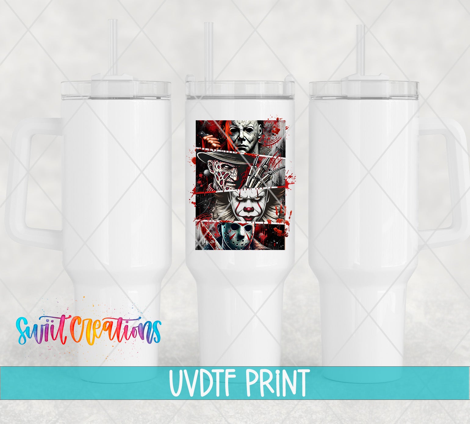 a white tumbler with a picture of a clown on it