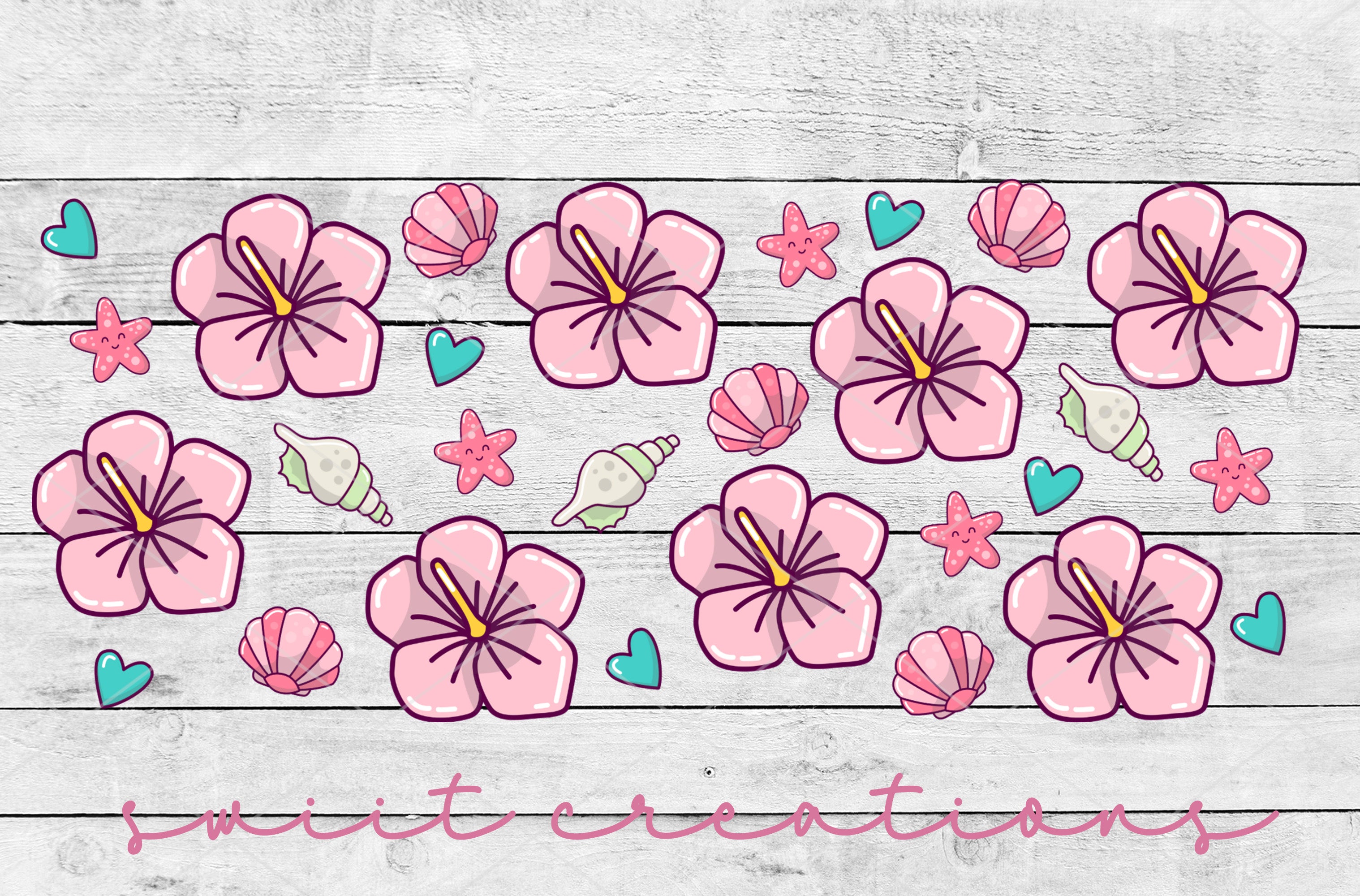 pink flowers and hearts on a white wooden background