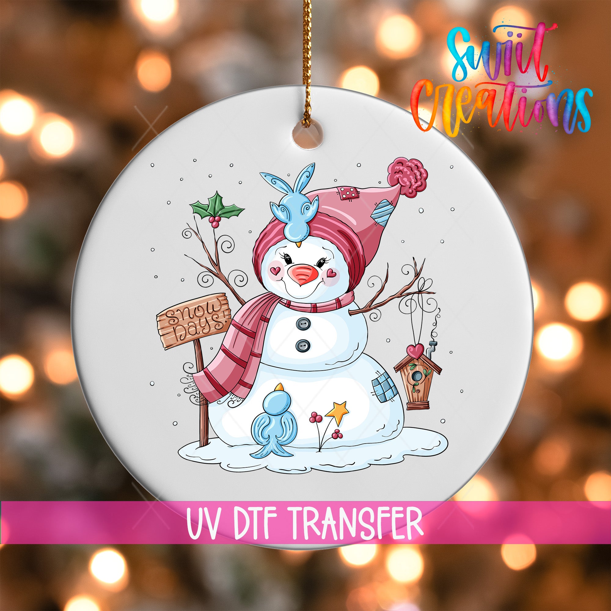 A snowman ornament with a sign that says "Snow days" and a bird perched on its head, surrounded by snow and holiday decorations.
