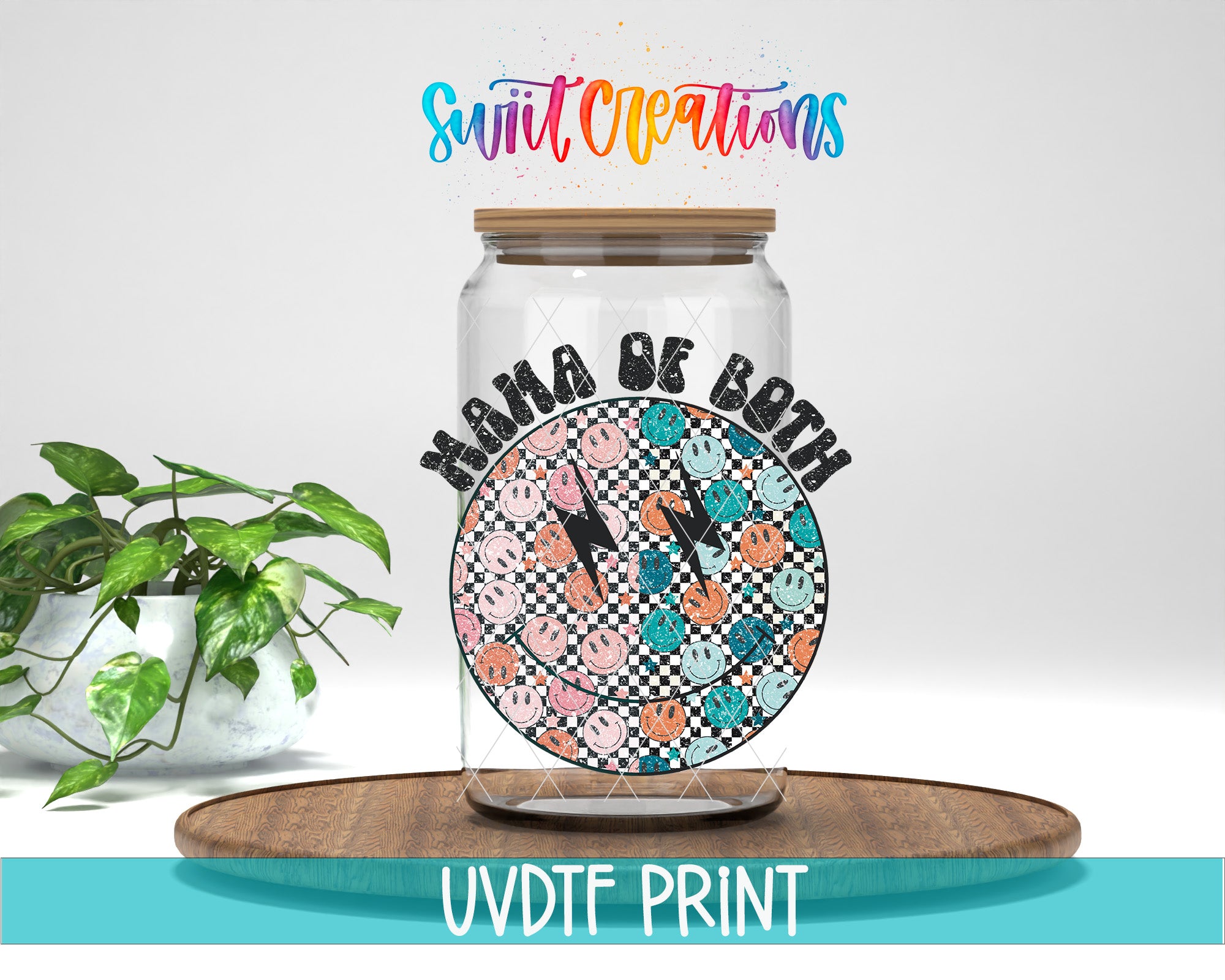 a glass jar with a colorful design on it, placed on a wooden surface. The jar has a lid and is surrounded by a potted plant. Above the jar, there is text that reads "Swift Creations" and "Mama of Both". The image also includes the text "UVDF PRINT" at the bottom.