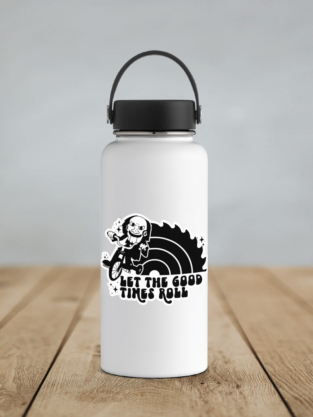 Let the Good Times Roll Horror sticker on a white insulated water bottle