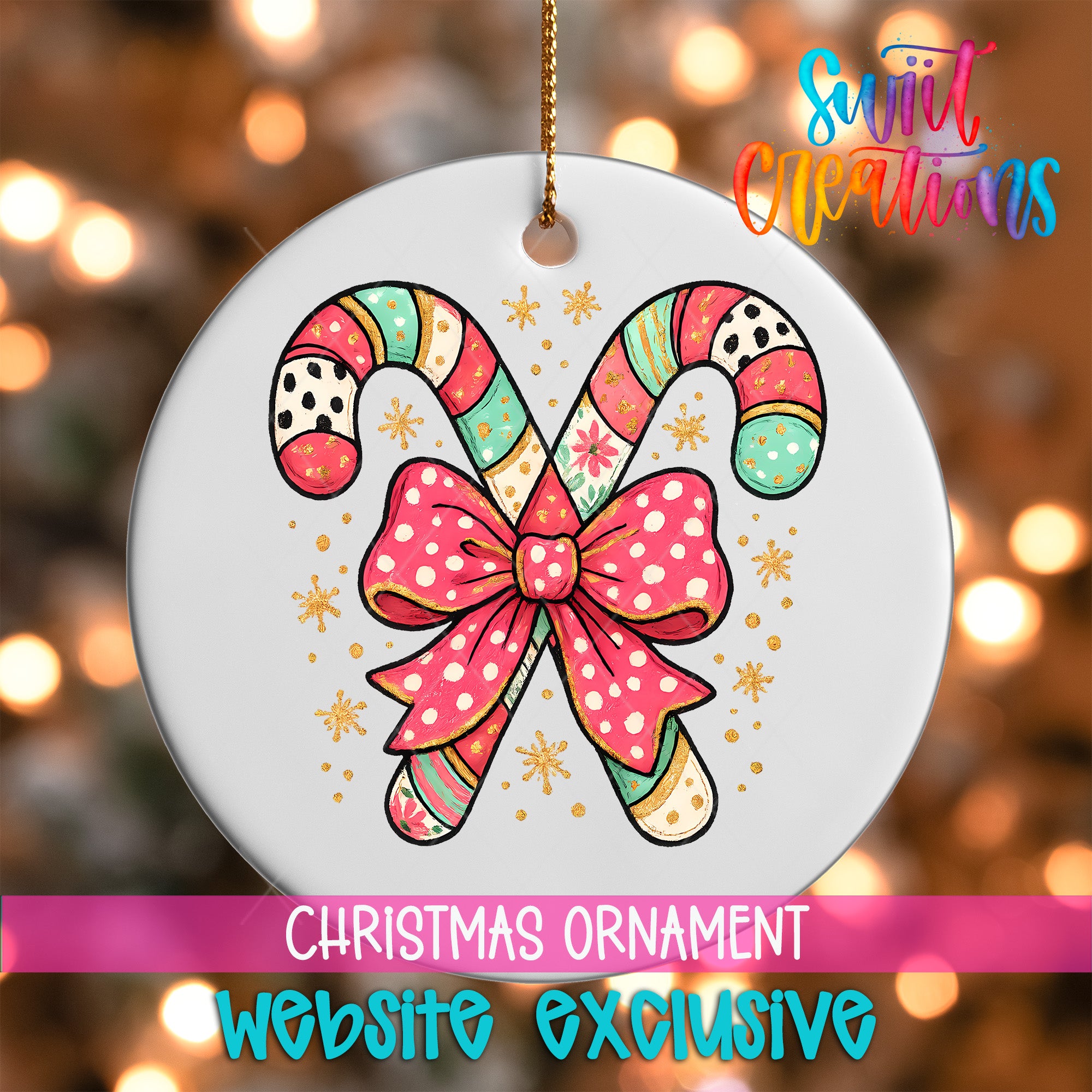 A white Christmas ornament with a bow and candy canes, along with a text overlay that reads "Sweet Creations" and "Christmas Ornament Website Exclusive".