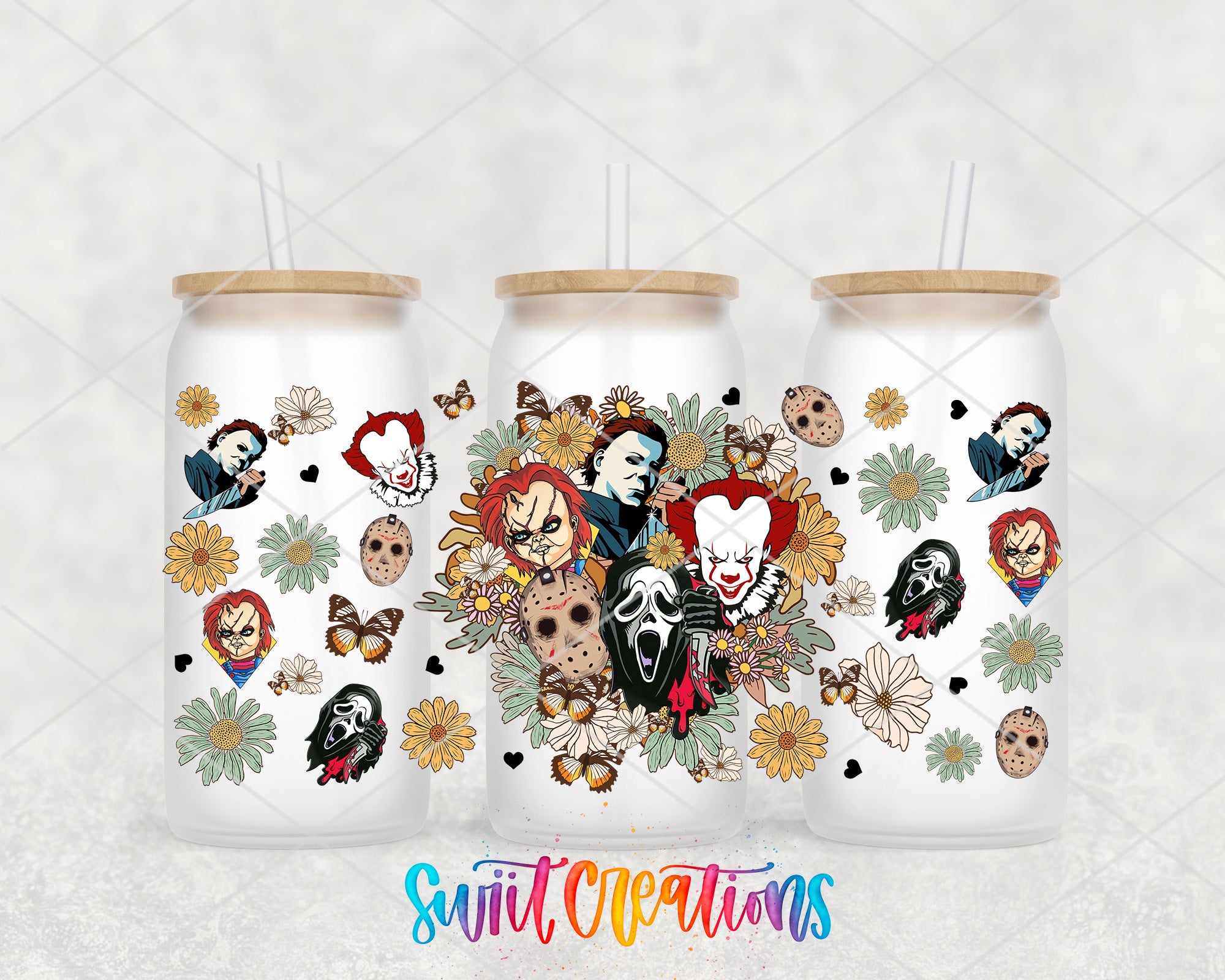 a set of three tumblers with different images on them