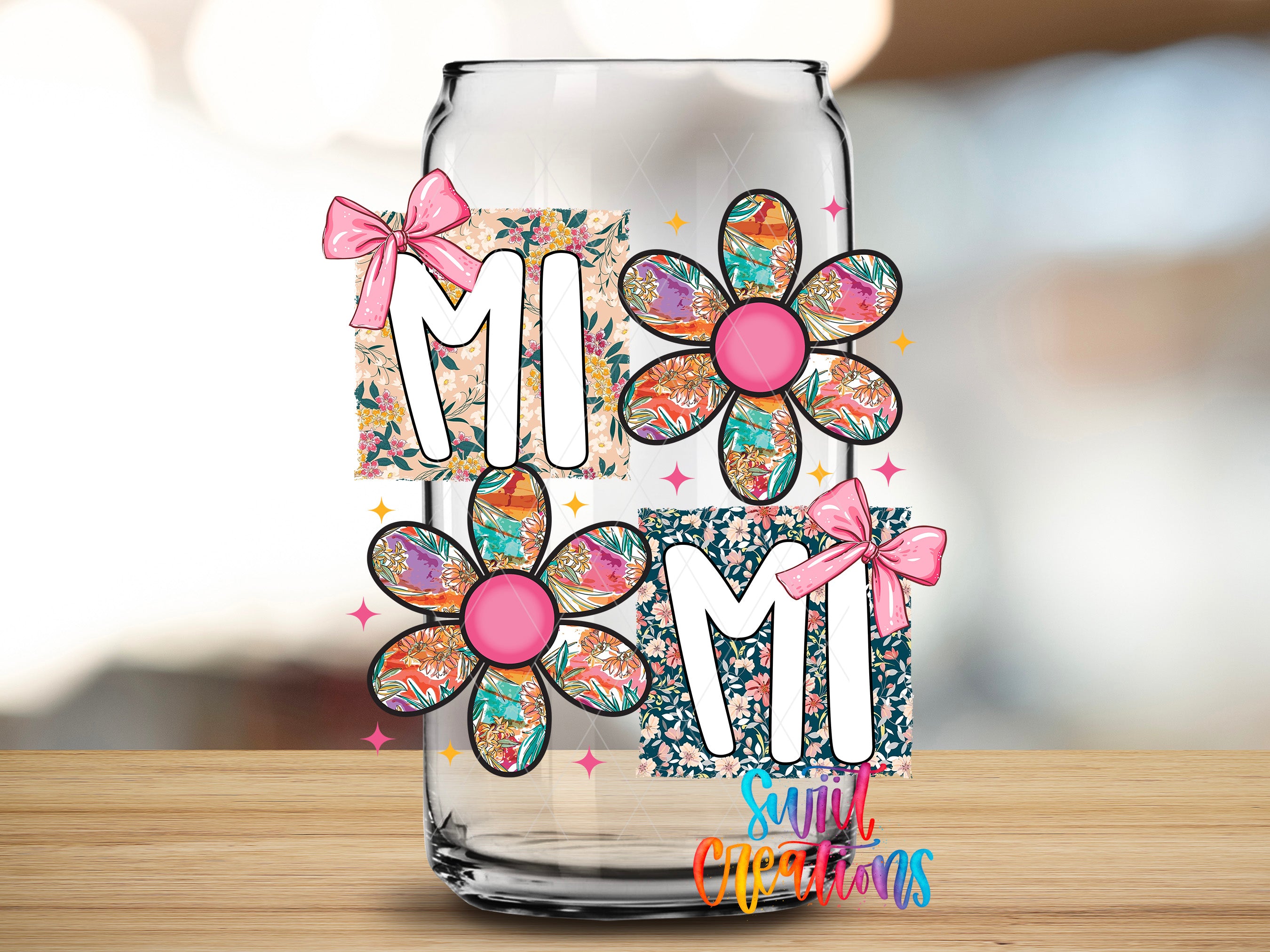 A glass jar with colorful floral designs and the word "MI" printed on it.