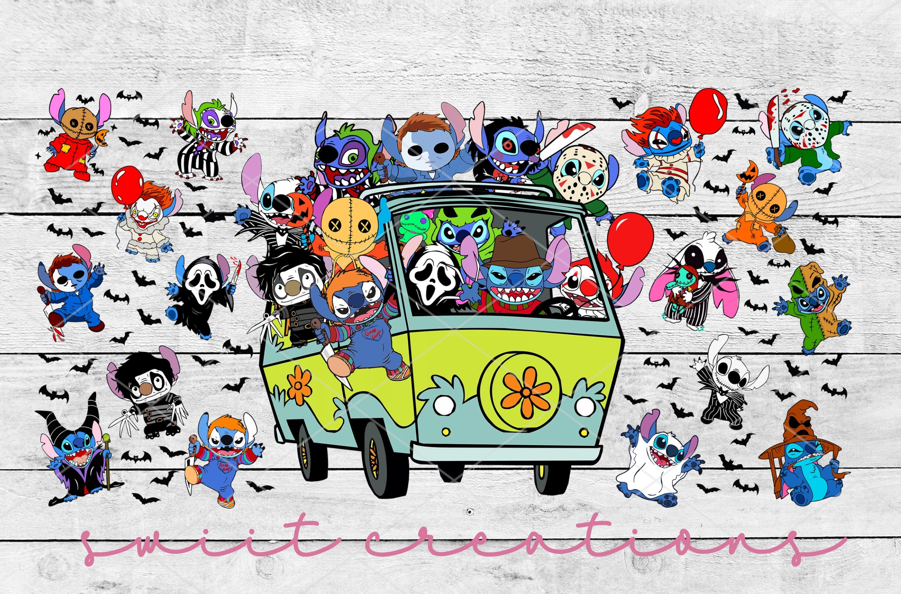 a van filled with lots of cartoon characters