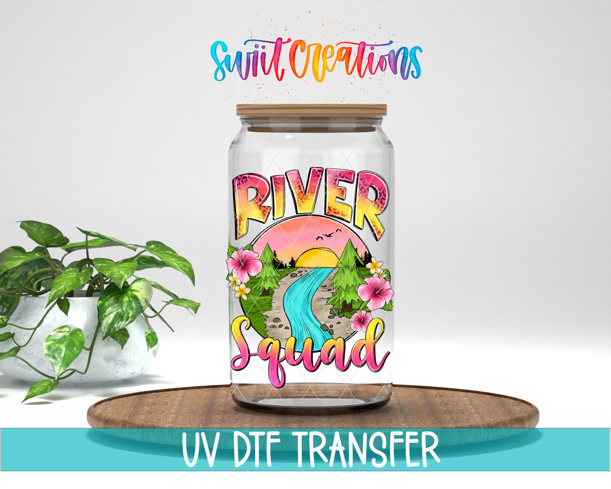 a glass jar with a colorful design, including a river, flowers, and a sunset, along with the text "River Squad" and "Swift Creations".