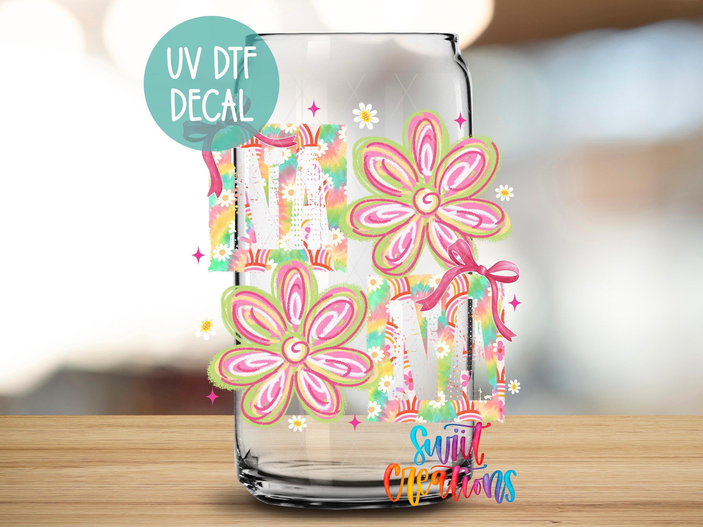 A glass jar with a UV decal featuring colorful flowers and decorative elements.