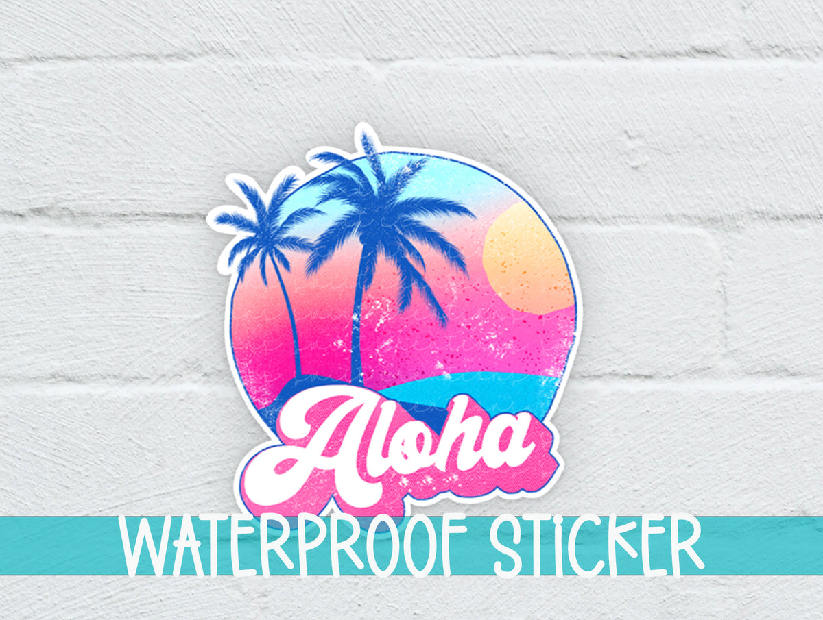 Aloha sticker on a white brick background with a waterproof sticker banner