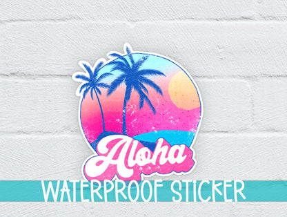Aloha sticker on a white brick background with a waterproof sticker banner