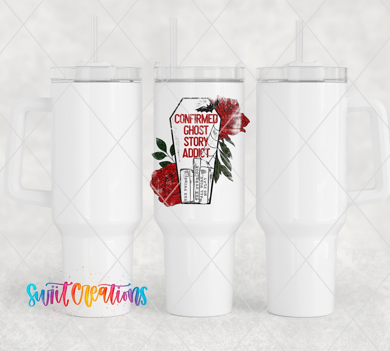 a white tumbler with a red rose on it