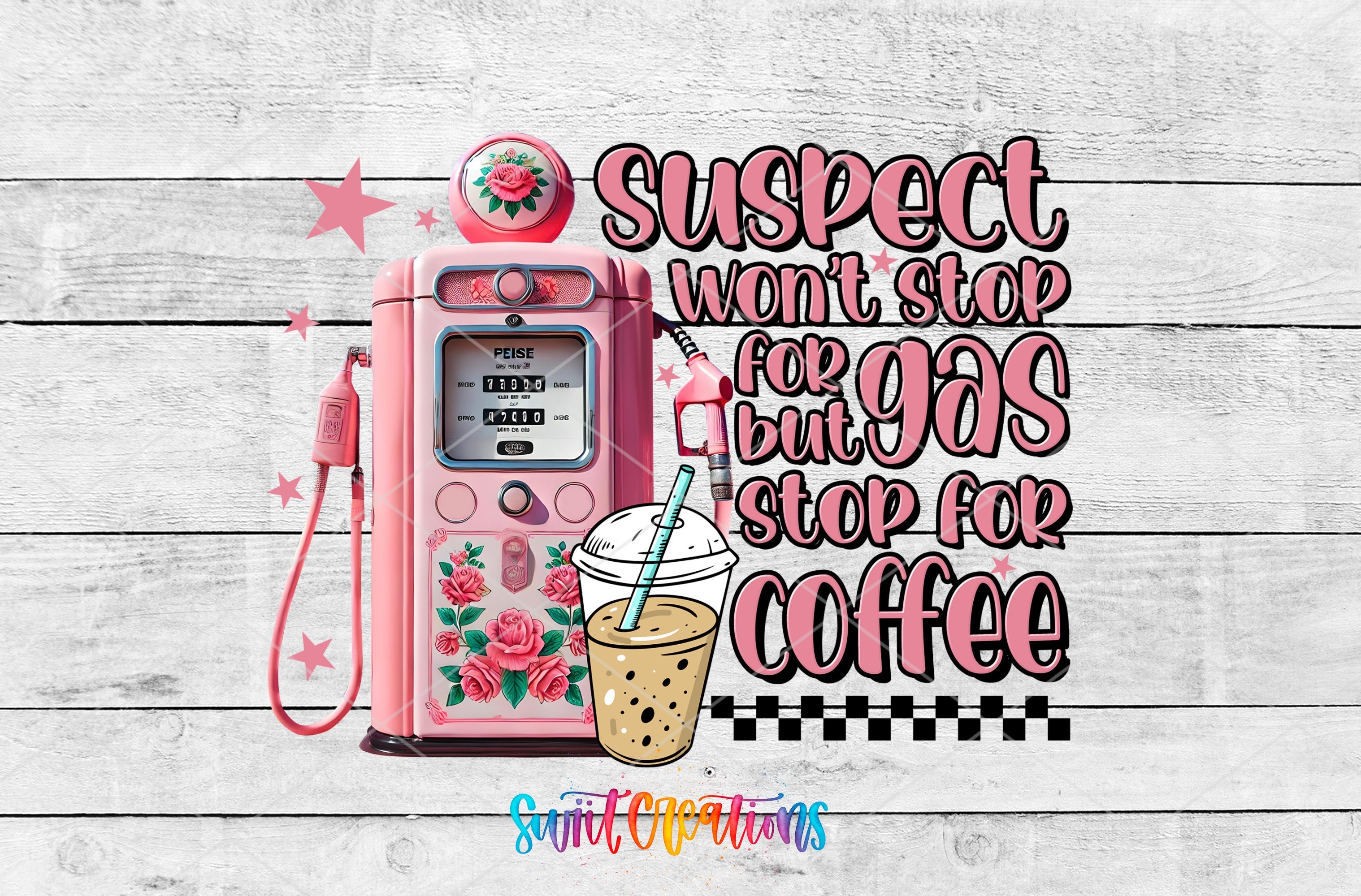 a pink gas pump with a cup of coffee next to it