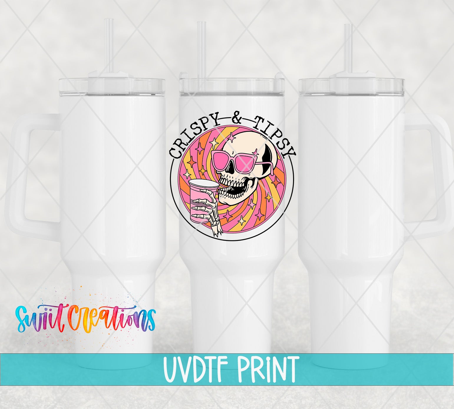three white tumblers with a skull on them