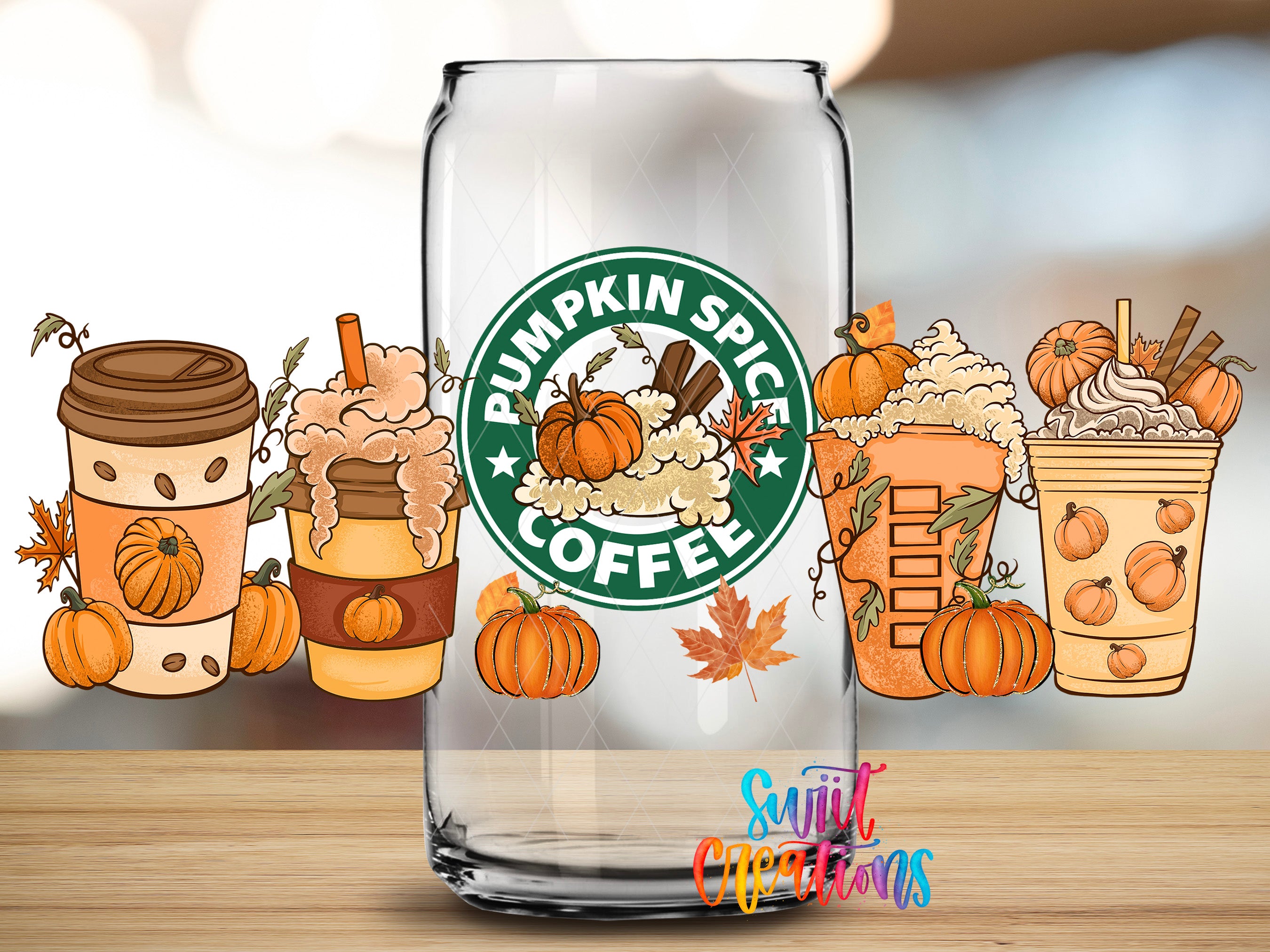 A glass can with a pumpkin-themed design, surrounded by various pumpkin-related items such as coffee cups, pumpkin-flavored drinks, and autumn decorations.