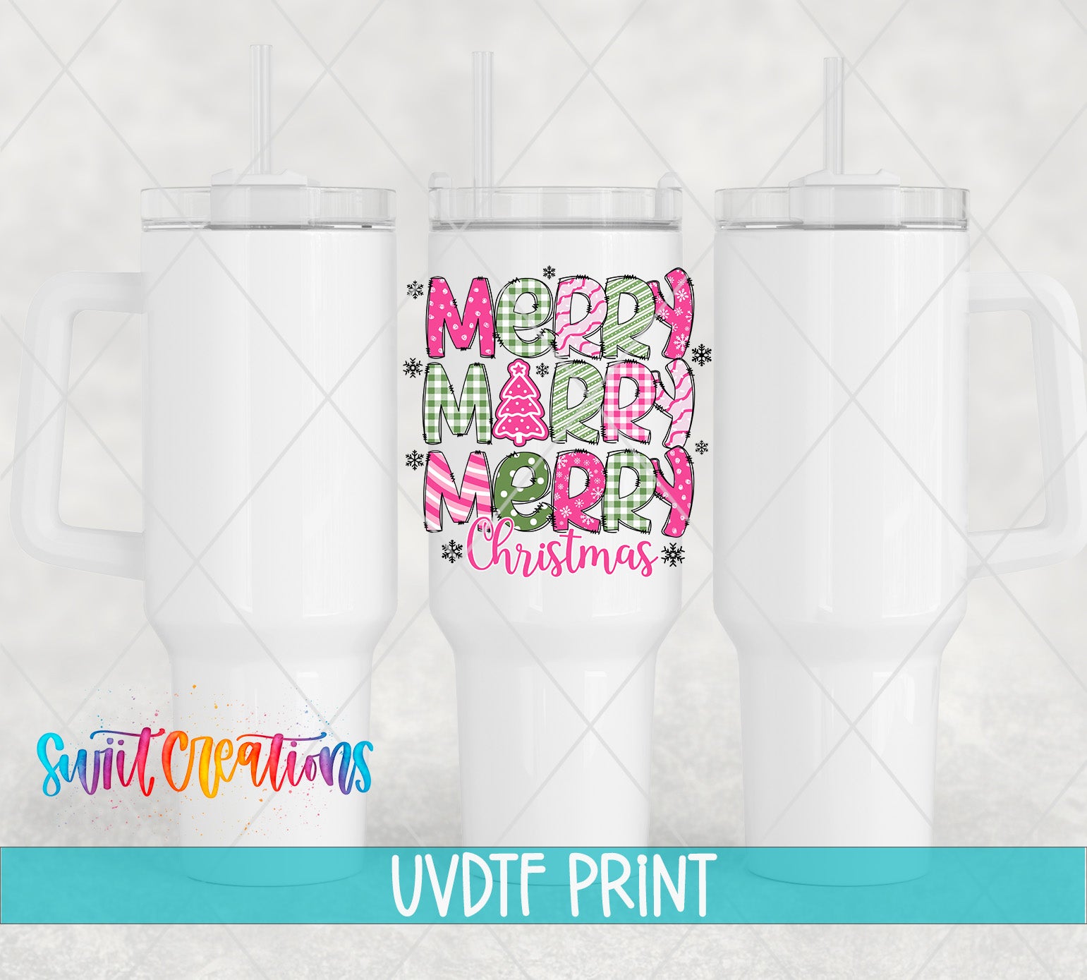 three white mugs with merry christmas designs on them