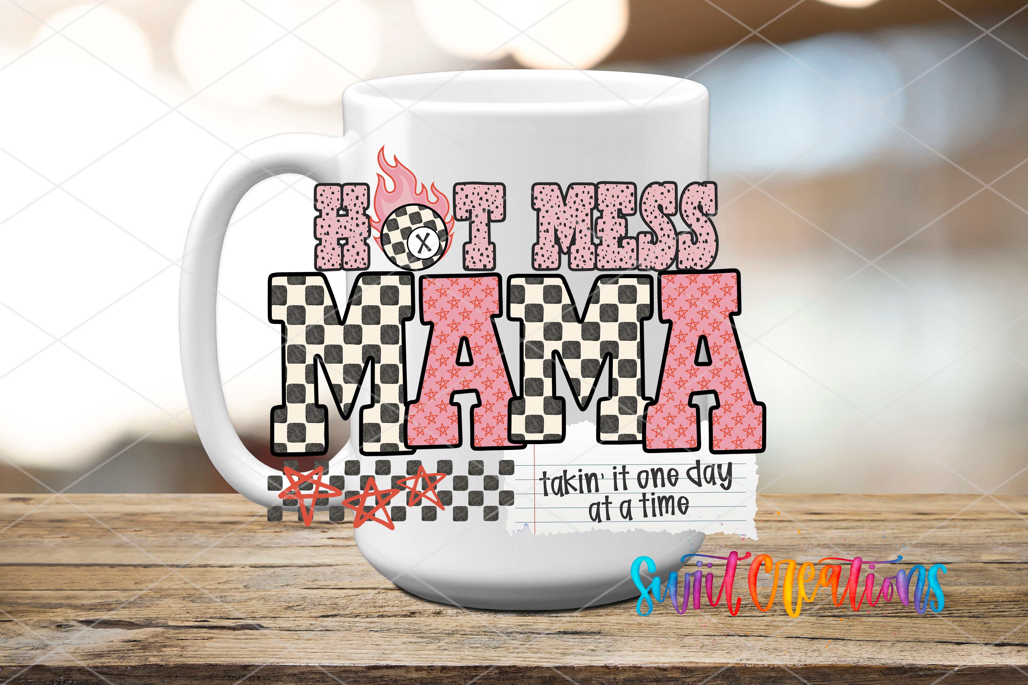A white mug with a colorful design featuring the text "HOT MESS MAMA" and a checkered pattern.
