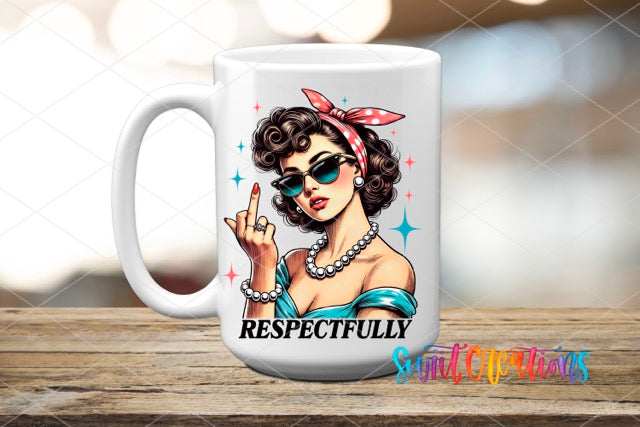 a white coffee mug with a woman holding a peace sign