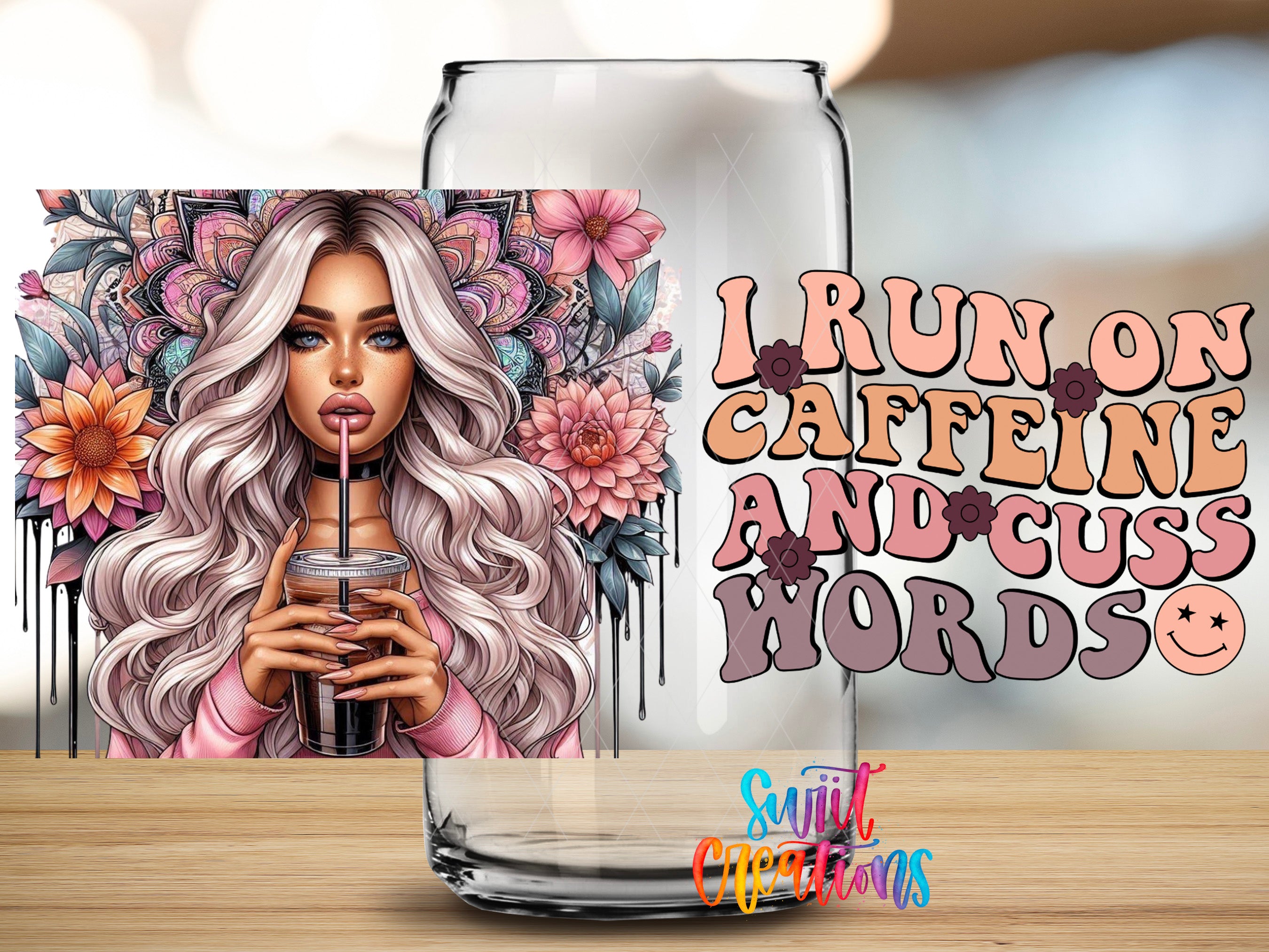 a woman with long, wavy blonde hair holding a drink, with a glass and a colorful, floral background behind her.