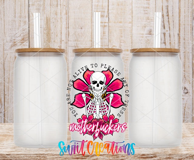 two white tumbles with a pink flower and a skull on the side