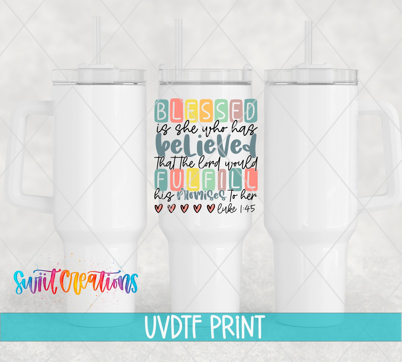 a set of three white tumblers with colorful lettering on them