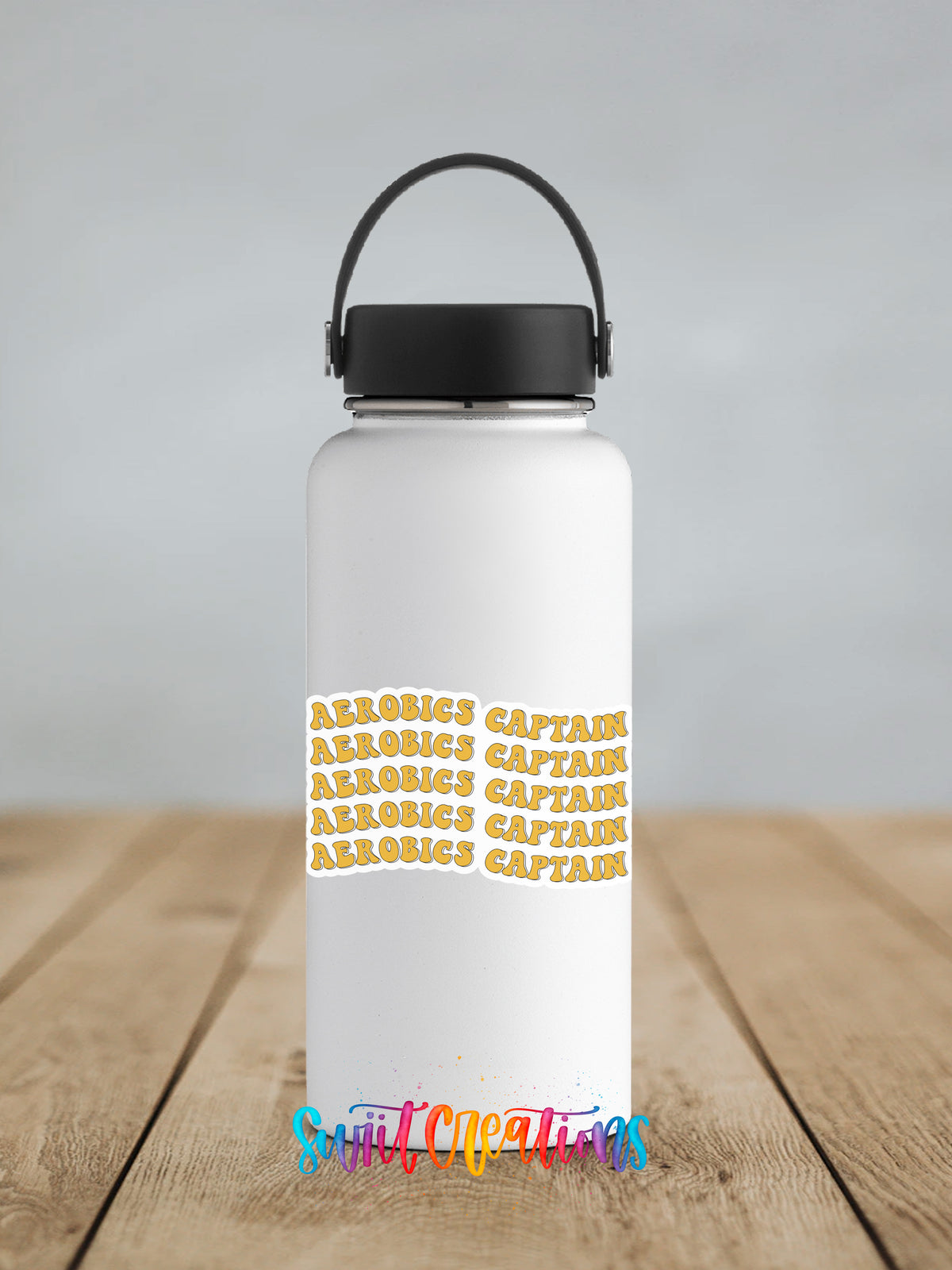 A white water bottle with a black handle and a black cap, featuring the word "CAPTAIN" repeated in a decorative pattern on the side.