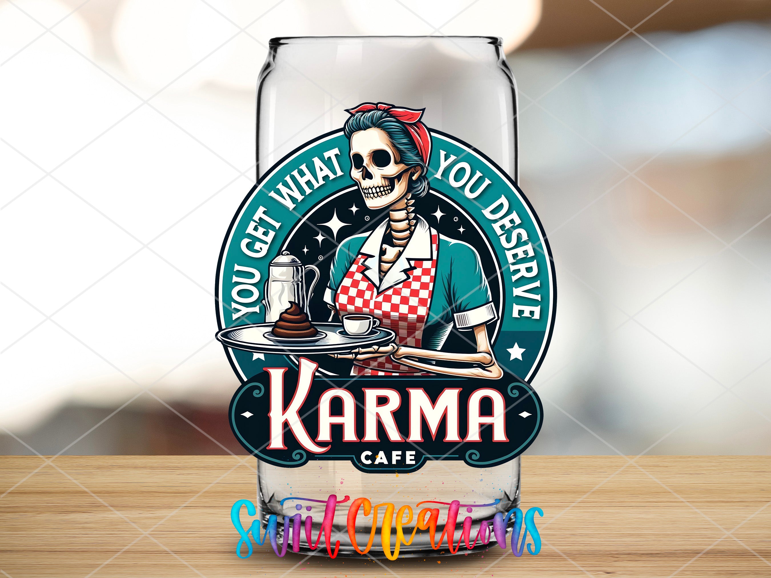 a glass with a skeleton holding a tray of food