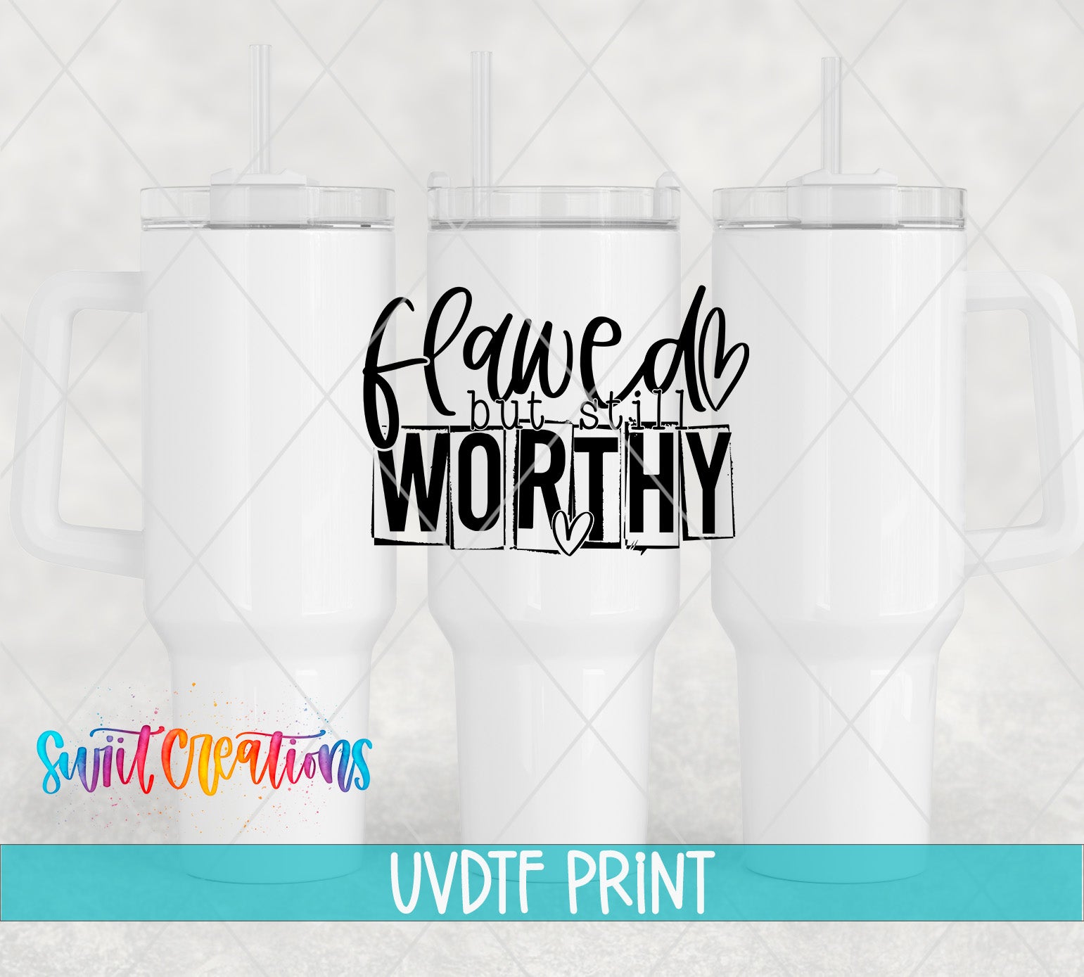 three white coffee mugs with the words fluved and worthy on them