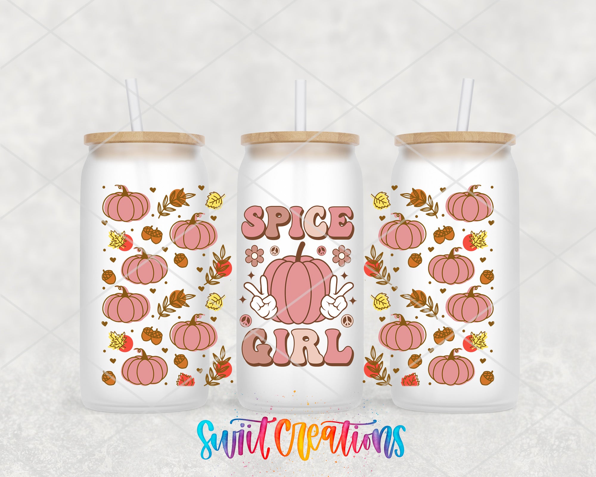 three glass tumblers with a pumpkin and leaf design, each with a straw. The tumblers are decorated with the text "SPICE GIRL" and the phrase "Swift Creations" written in a colorful, stylized font.