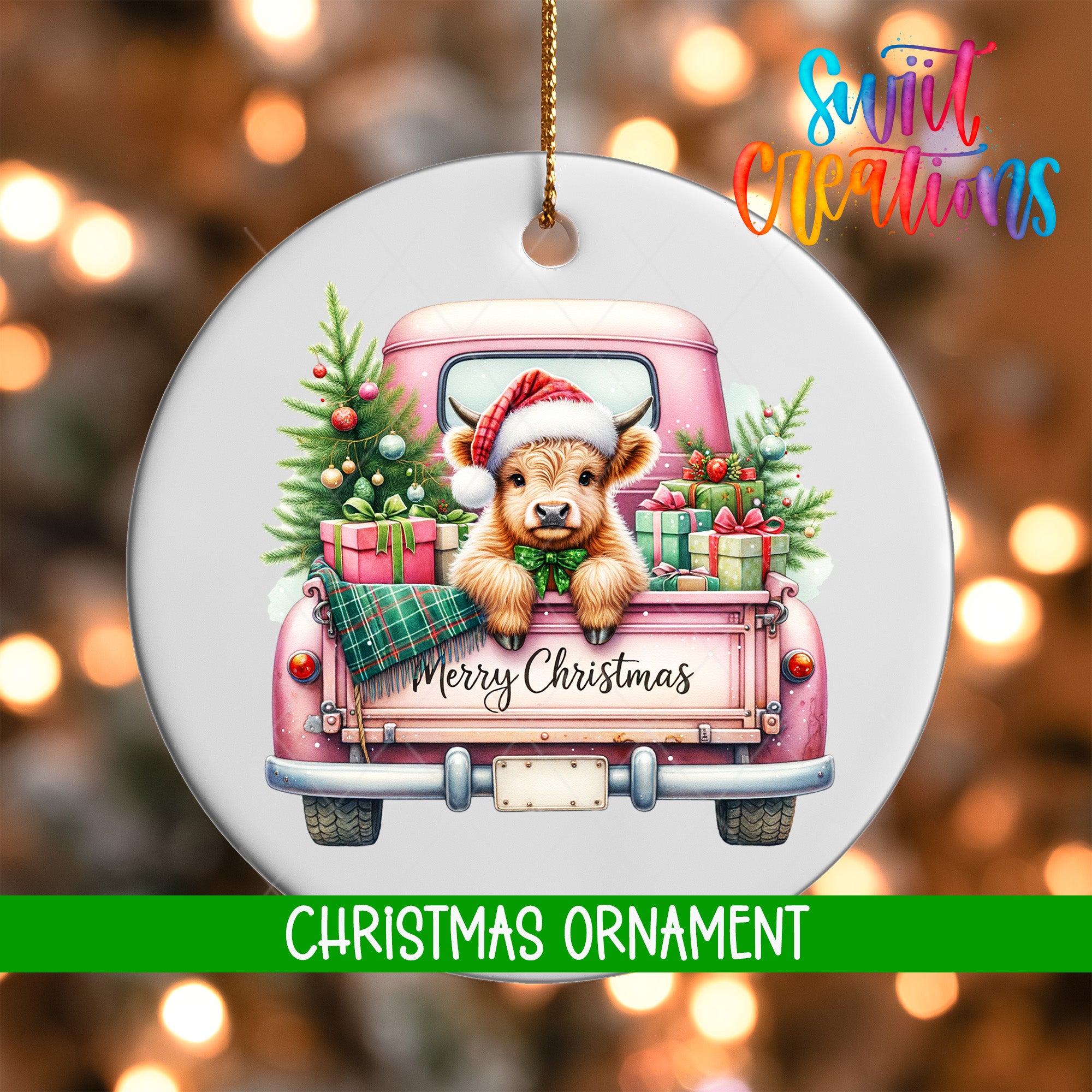 A Christmas ornament featuring a dog in a pink truck, surrounded by Christmas decorations such as a tree and presents.