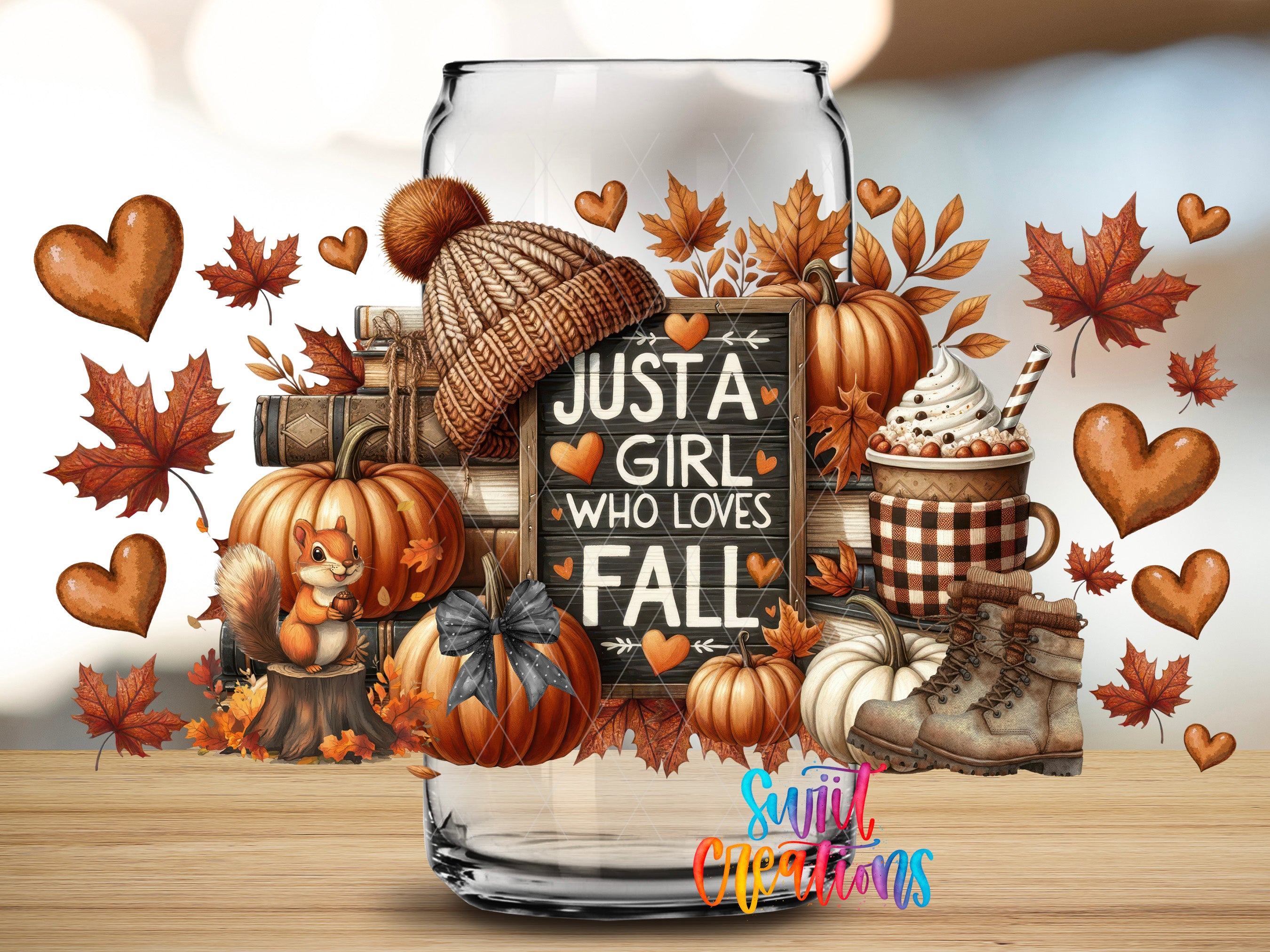 The image is a collage featuring various autumn-themed items, including pumpkins, a sign, a squirrel, and a cup of hot chocolate.