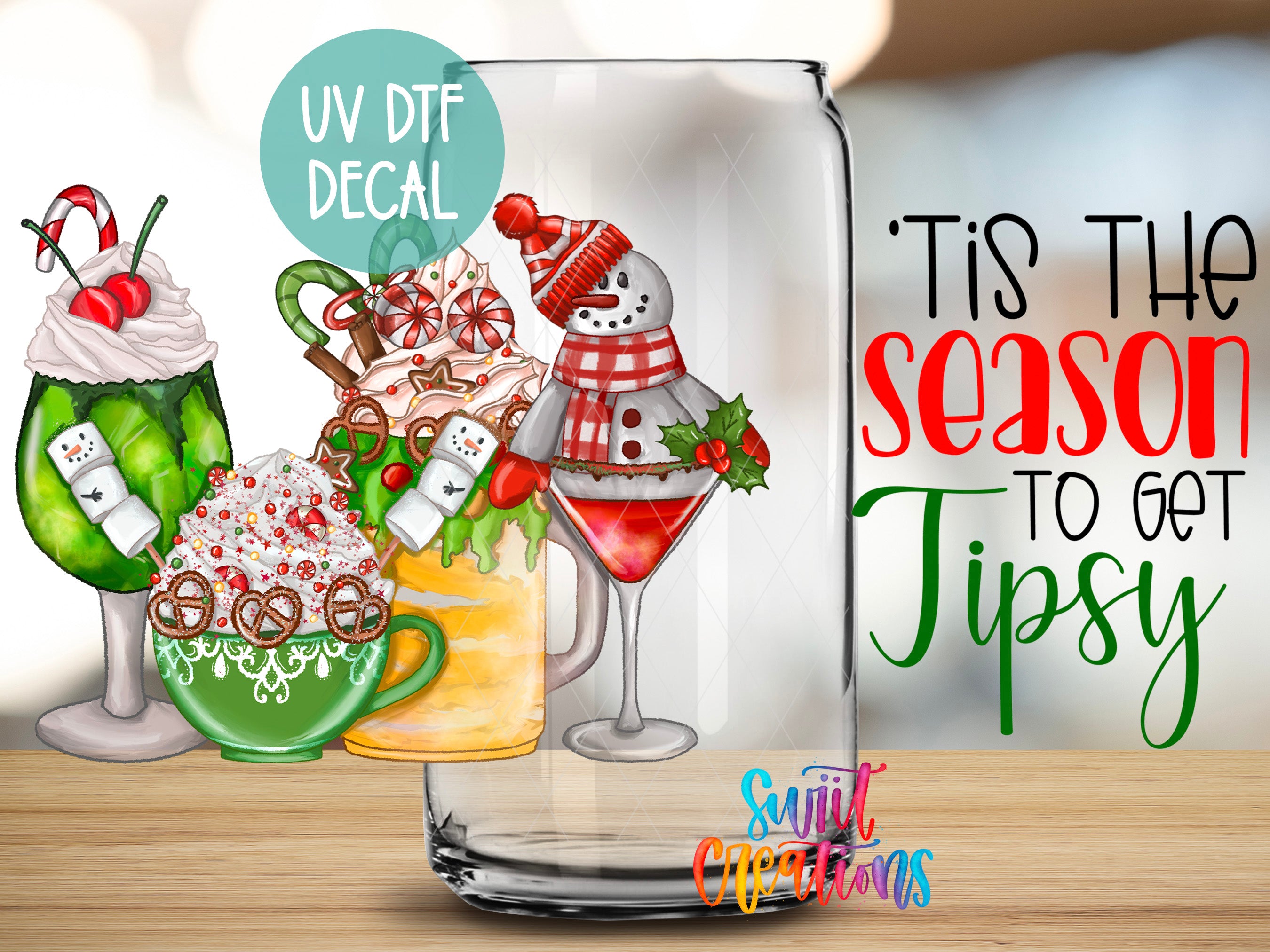 The image is a collage of three festive-themed illustrations, including a snowman, a hot chocolate drink, and a martini glass filled with a red drink. The text "UV Dtf DECAL" and "Tis the season to get Tipsy" are displayed, suggesting the illustrations are related to the holiday season and the enjoyment of drinks.