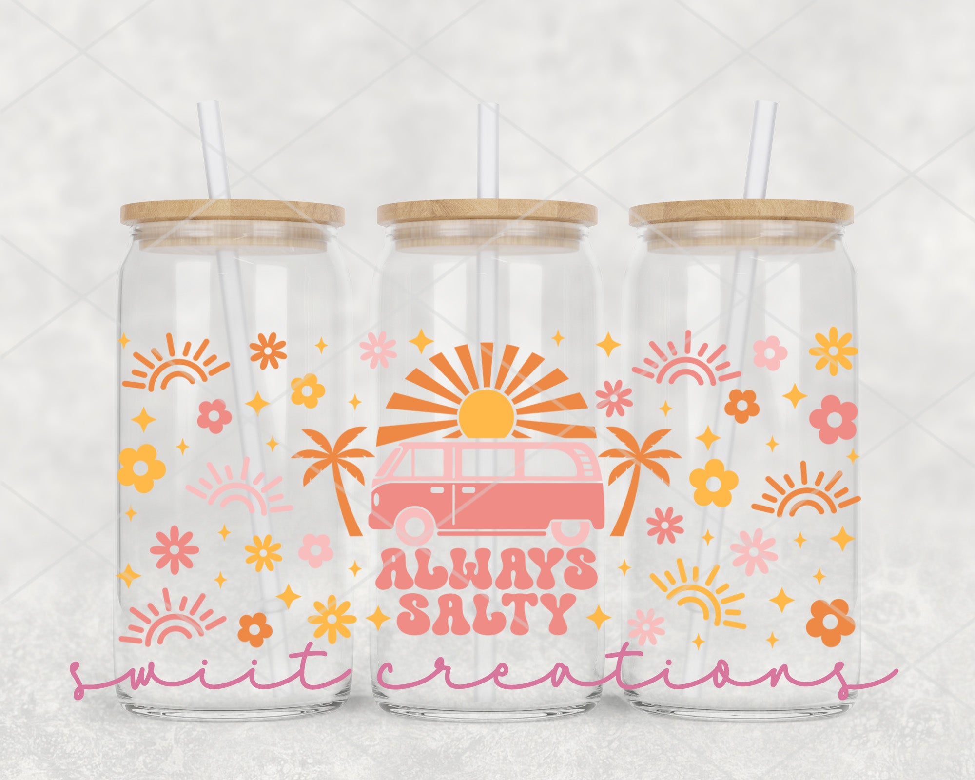 three mason jars with straw tops with a pink van on them