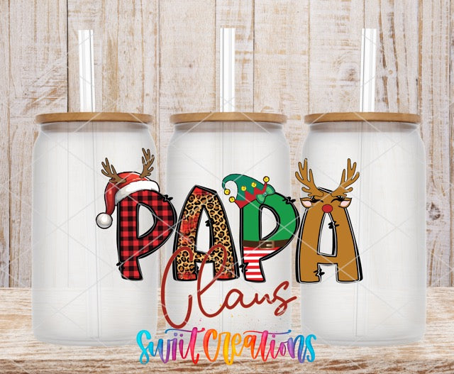 two christmas mugs with the words pap and santa's hat on them