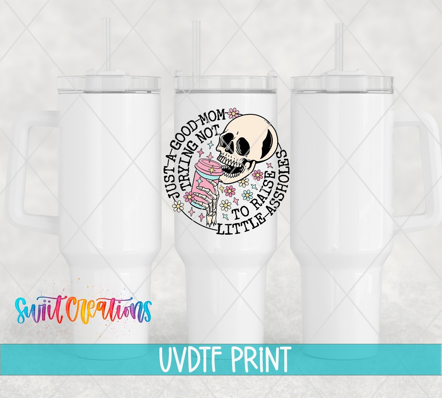 a white tumbler with a skull and a cake on it