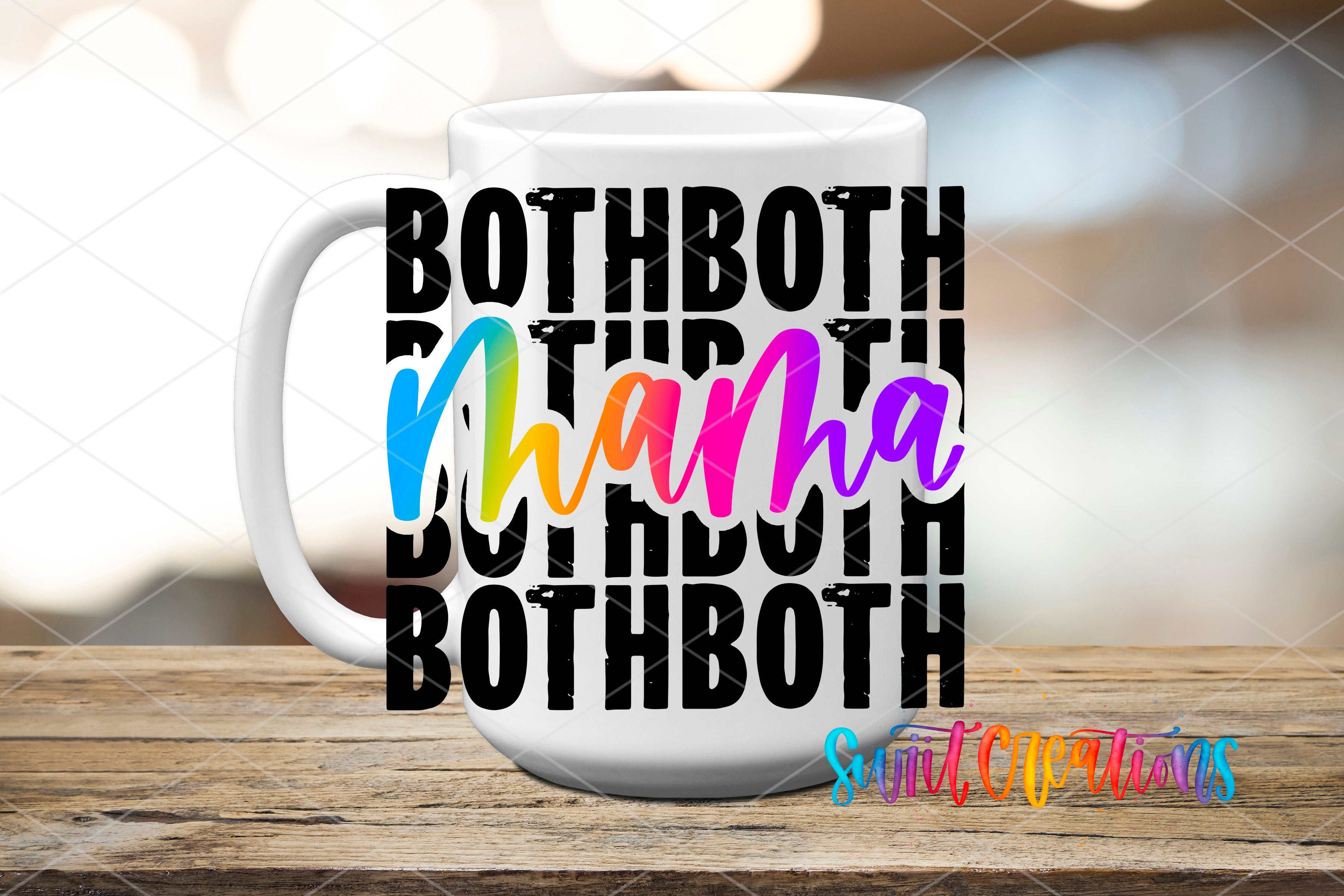 A white mug with the text "BOTHBOTH" printed on it, along with a colorful design.