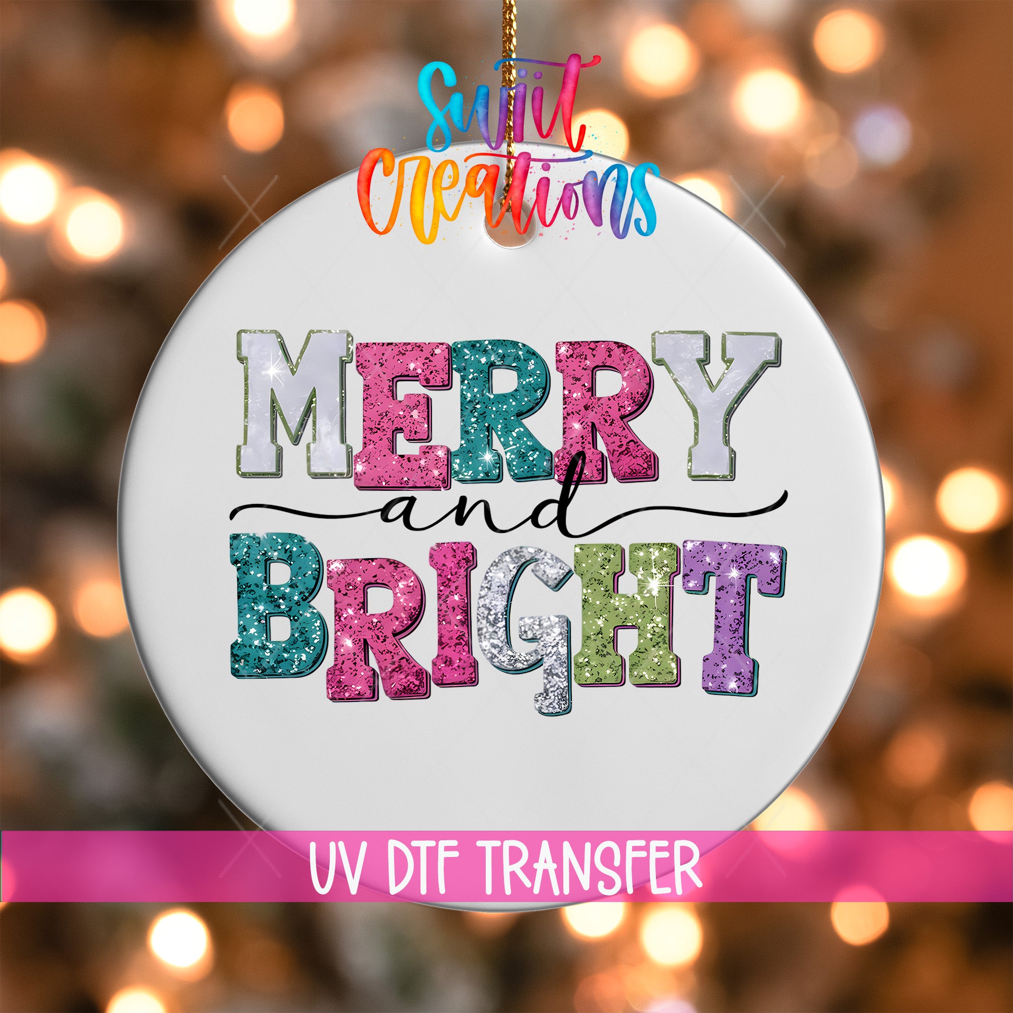 A decorative ornament with the text "MERRY and BRIGHT" in a colorful, glittery font.