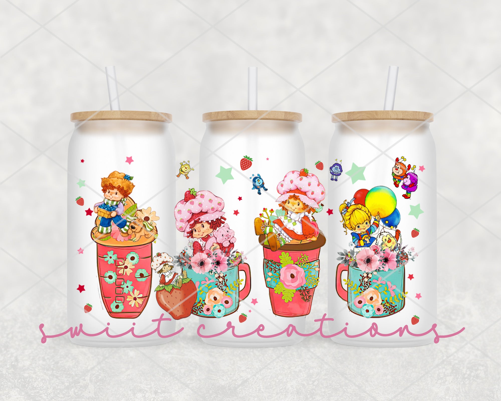 a group of three cups with straws in them