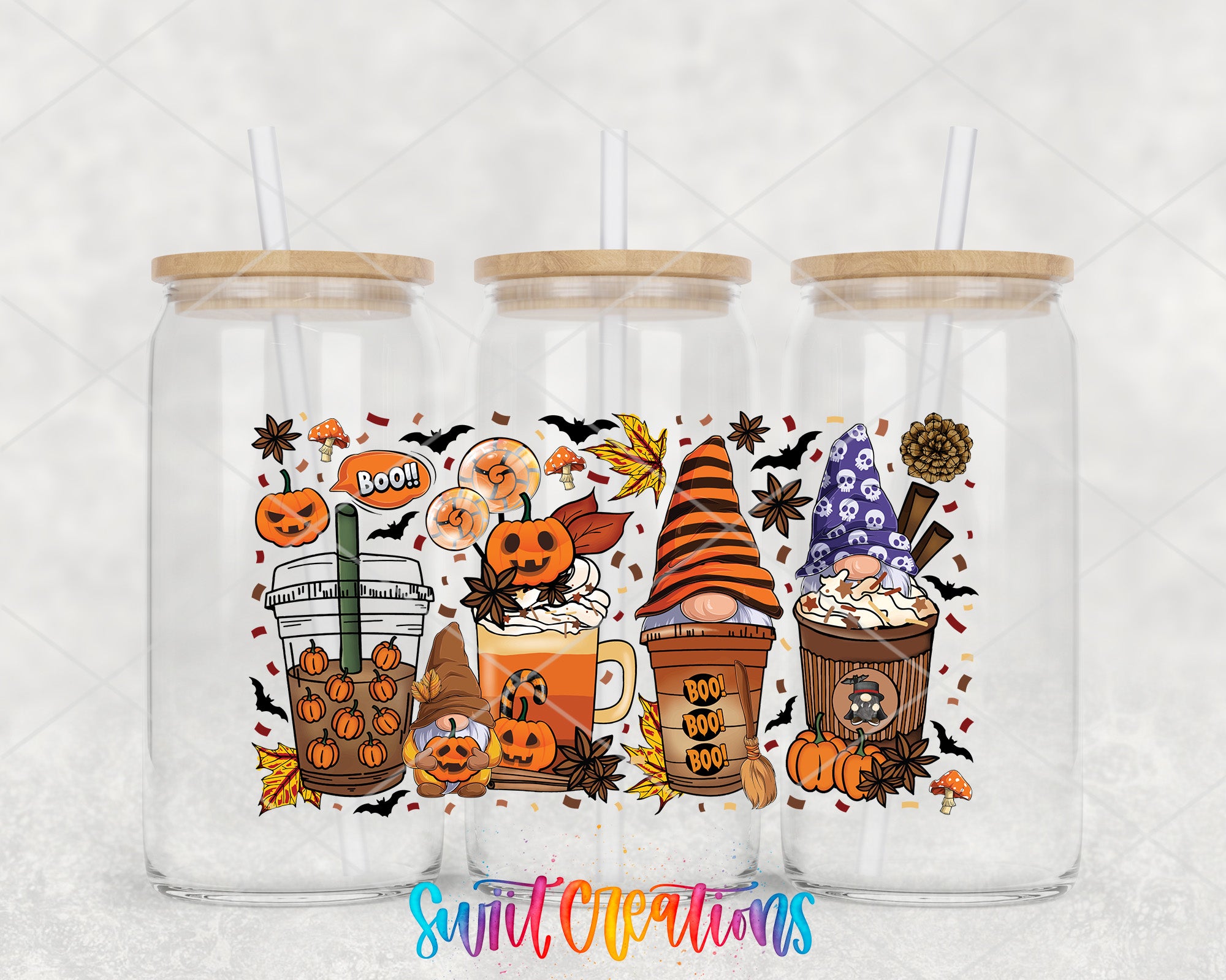 A collage of three glass jars with Halloween-themed straws, featuring illustrations of pumpkins, bats, and other spooky elements.