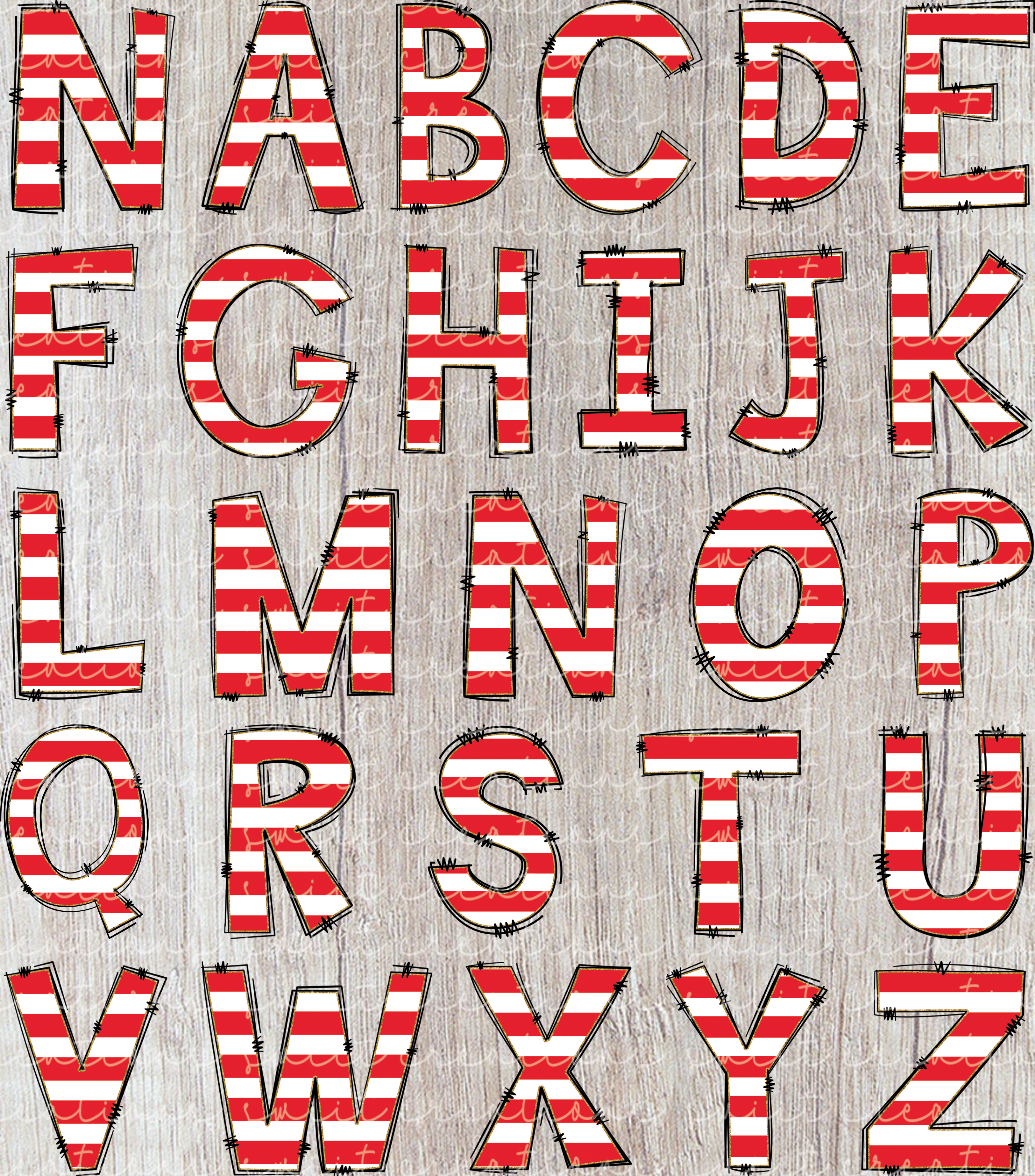 the letters of the alphabet, each one in a large, bold, red font with white stripes.