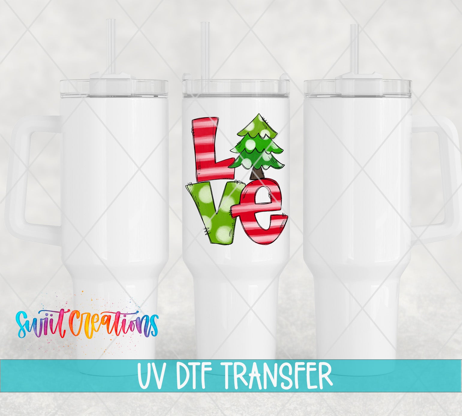 three white tumblers with a colorful design on the front, including a Christmas tree and the word "LOVE" in a stylized font.