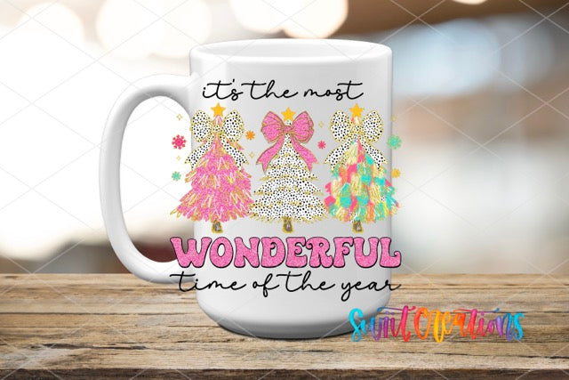 a coffee mug with the words wonderful time of the year on it
