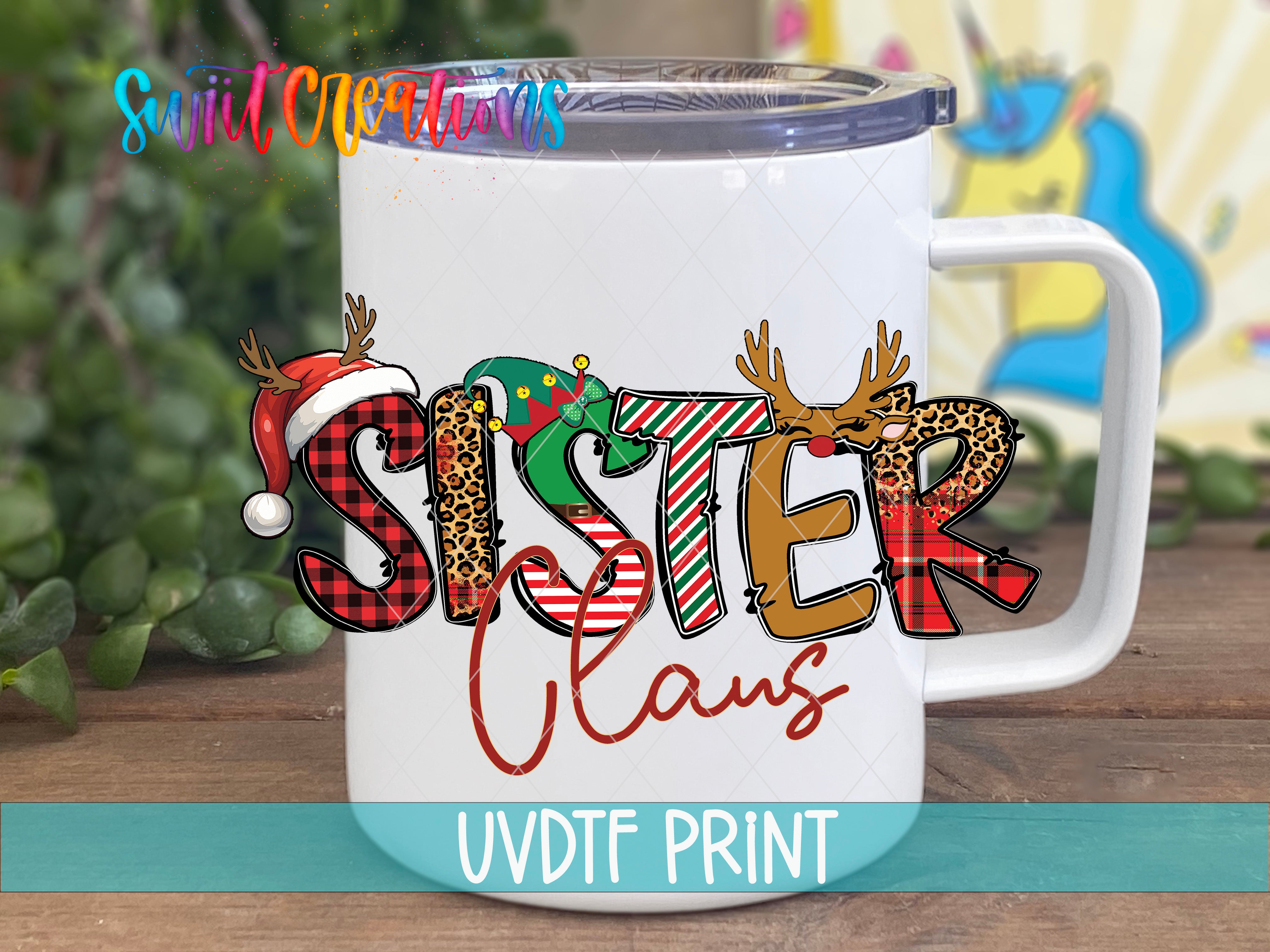a white coffee mug with the word sister claus on it