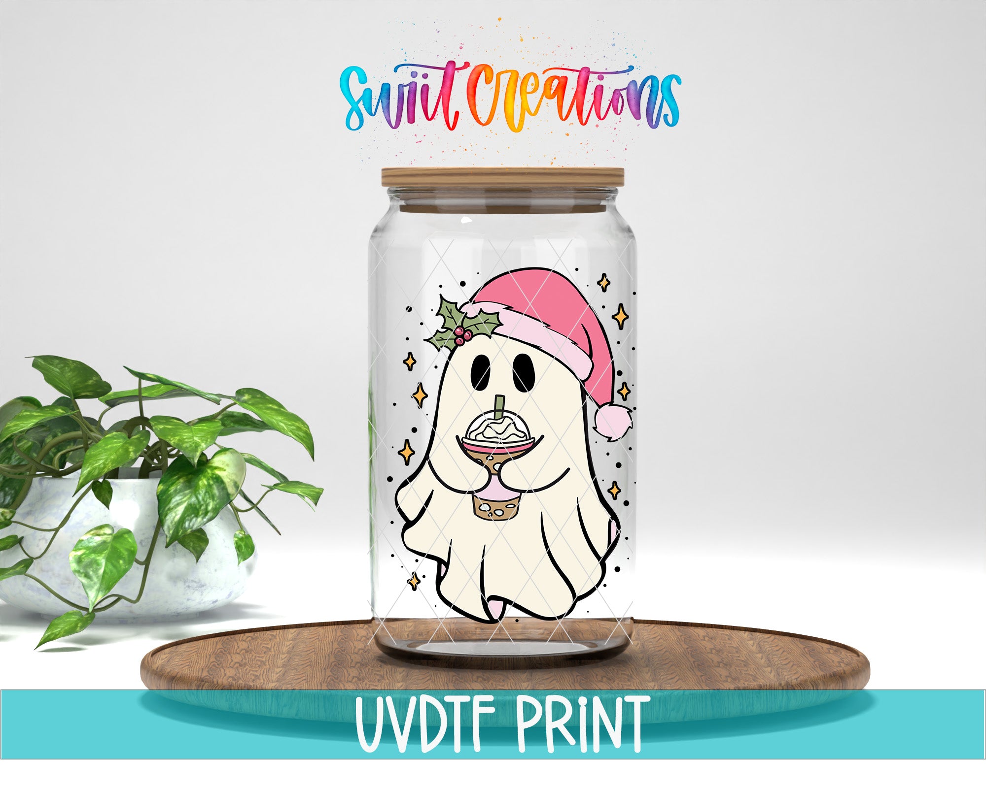 a glass jar with a picture of a dog wearing a santa hat