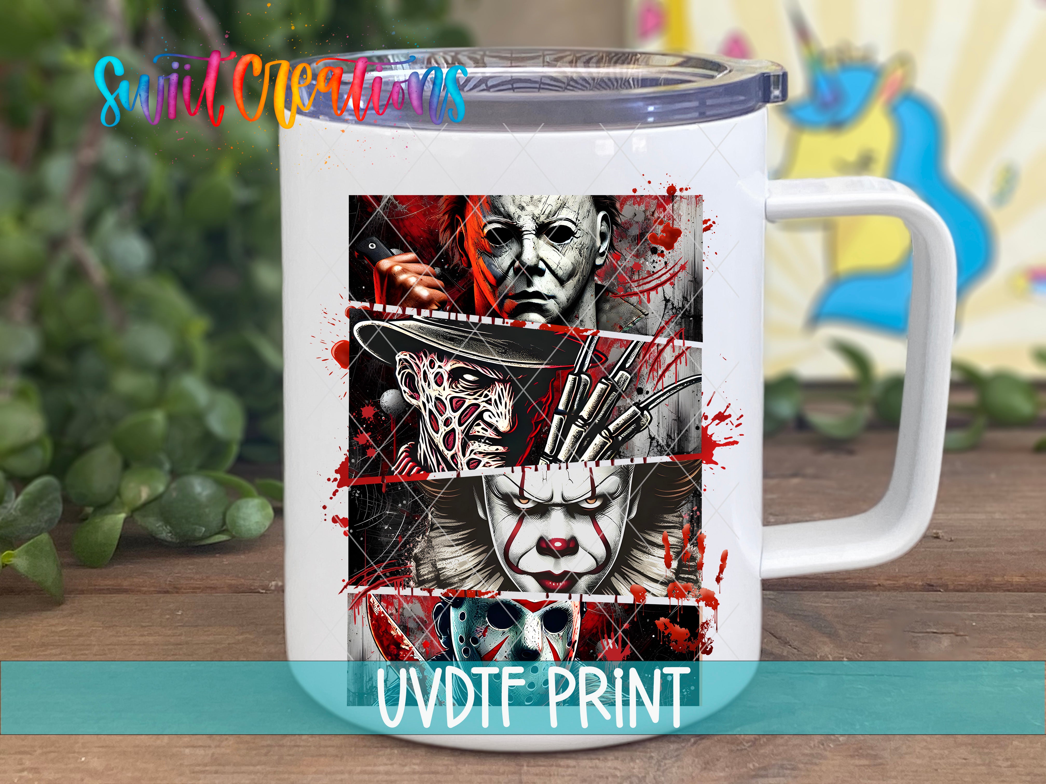 a white coffee mug with a picture of two clowns on it