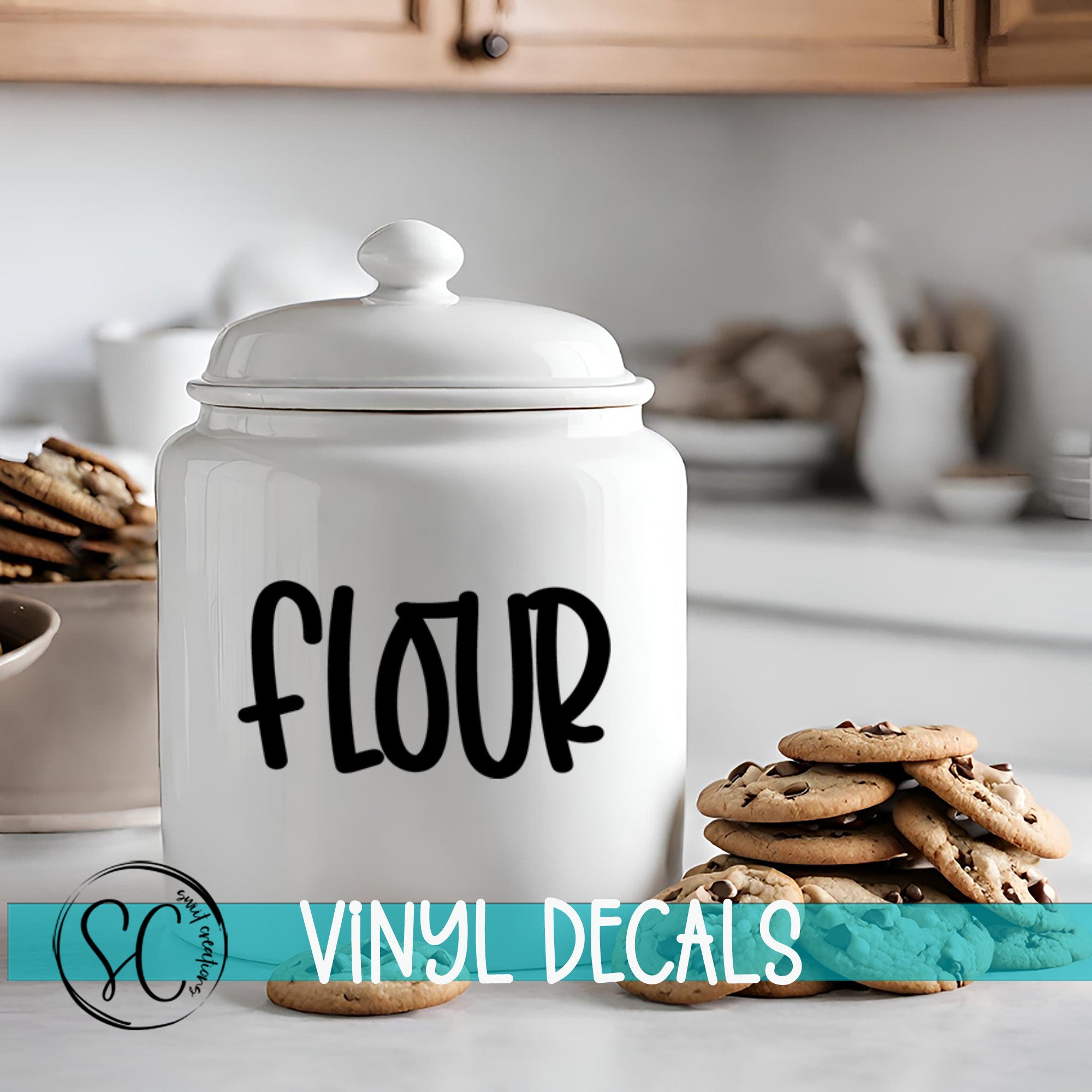 a cookie jar with the word flour written on it